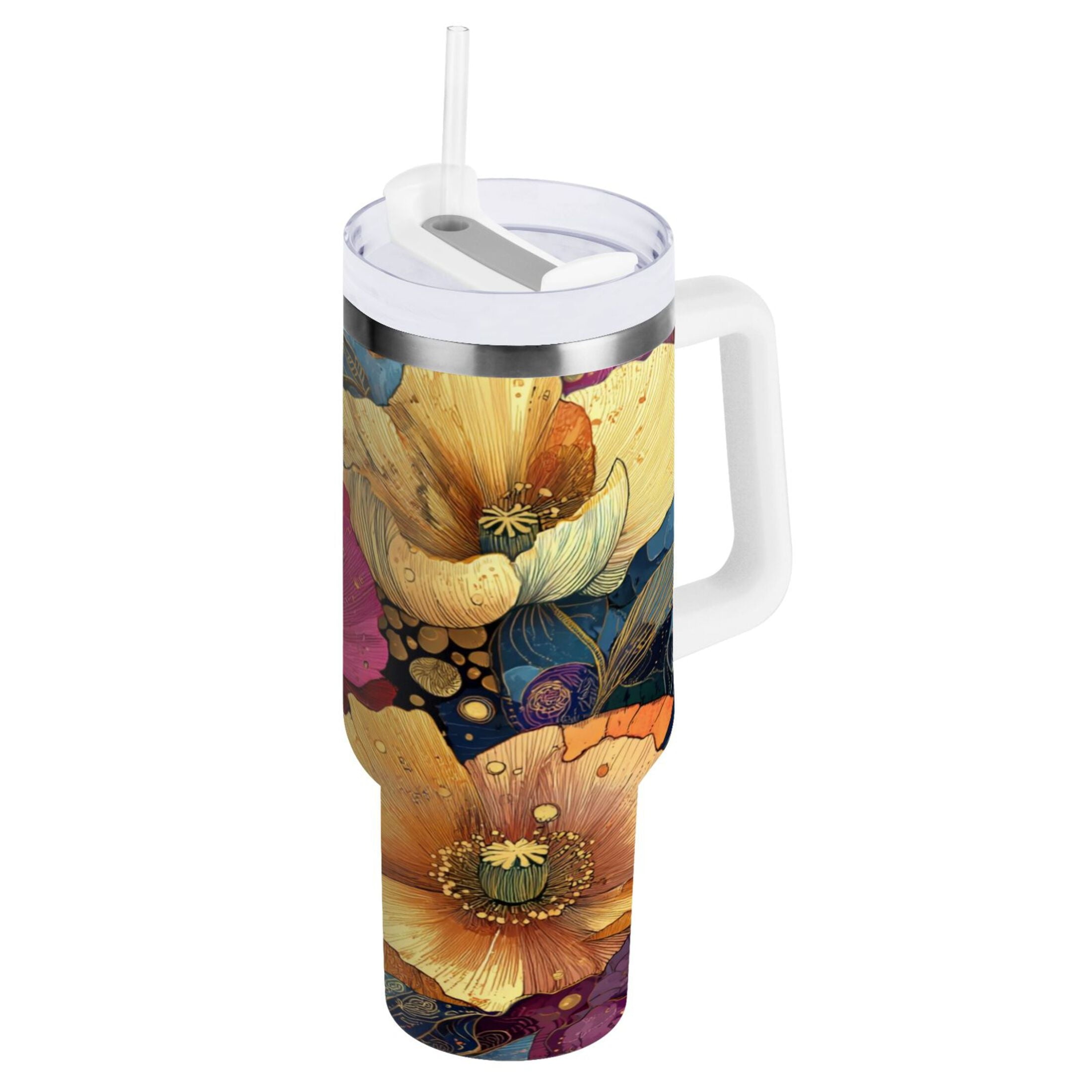 40 oz Insulated Stainless Steel Tumbler Double Wall Stainless Steel Tumbler with 2-Way Drinking Vibrant and Intricate Flowers - KFCU