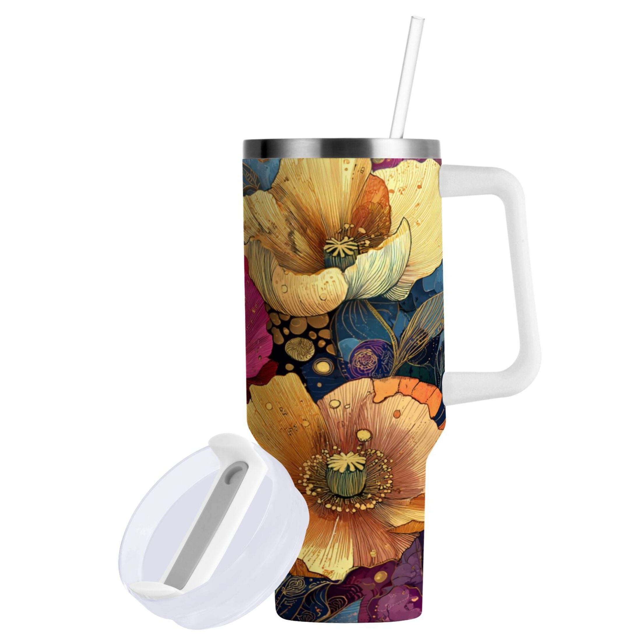 40 oz Insulated Stainless Steel Tumbler Double Wall Stainless Steel Tumbler with 2-Way Drinking Vibrant and Intricate Flowers - KFCU