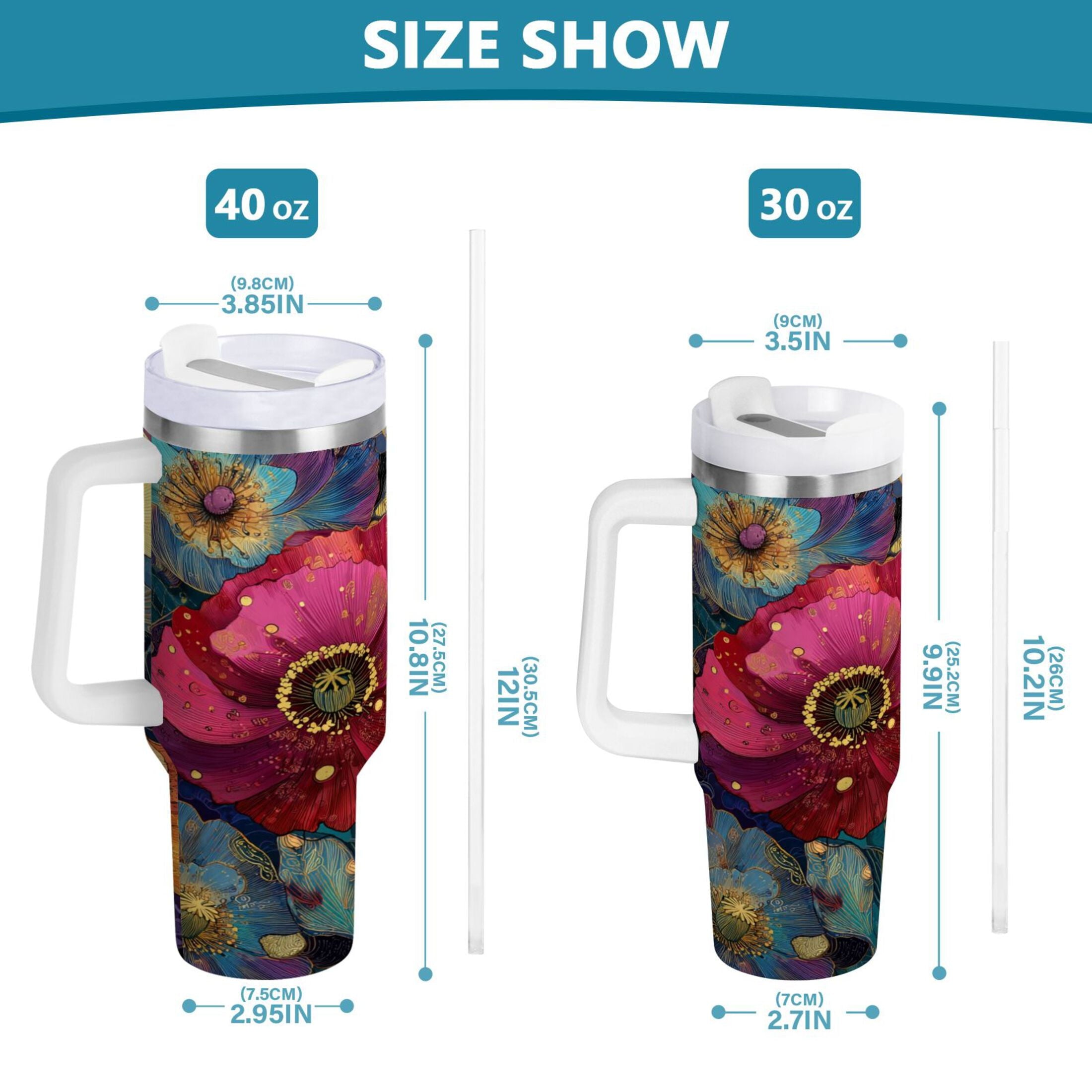 40 oz Insulated Stainless Steel Tumbler Double Wall Stainless Steel Tumbler with 2-Way Drinking Vibrant and Intricate Flowers - KFCU