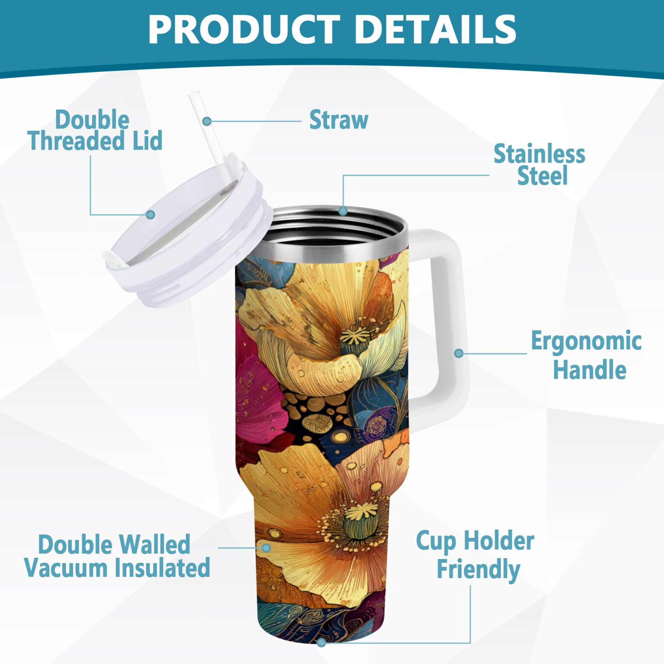 40 oz Insulated Stainless Steel Tumbler Double Wall Stainless Steel Tumbler with 2-Way Drinking Vibrant and Intricate Flowers - KFCU