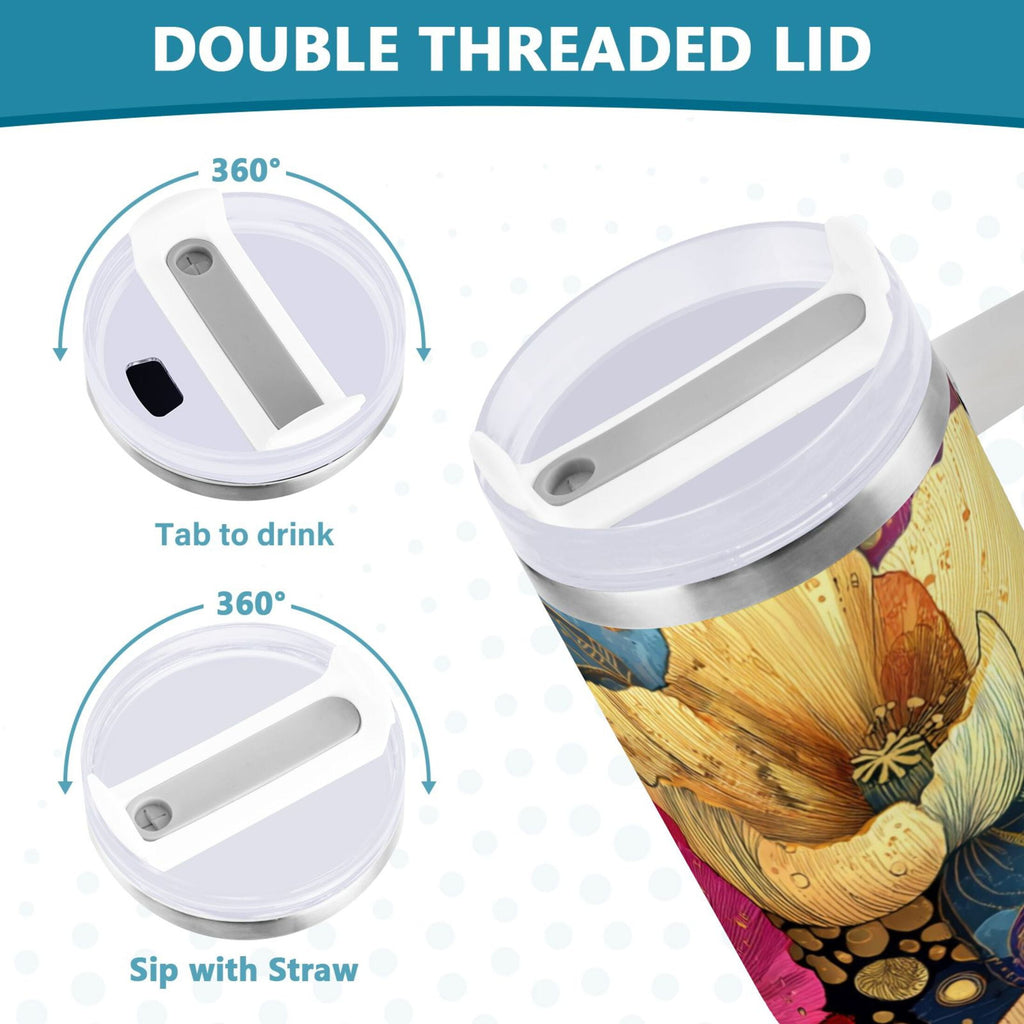 40 oz Insulated Stainless Steel Tumbler Double Wall Stainless Steel Tumbler with 2-Way Drinking Vibrant and Intricate Flowers - KFCU