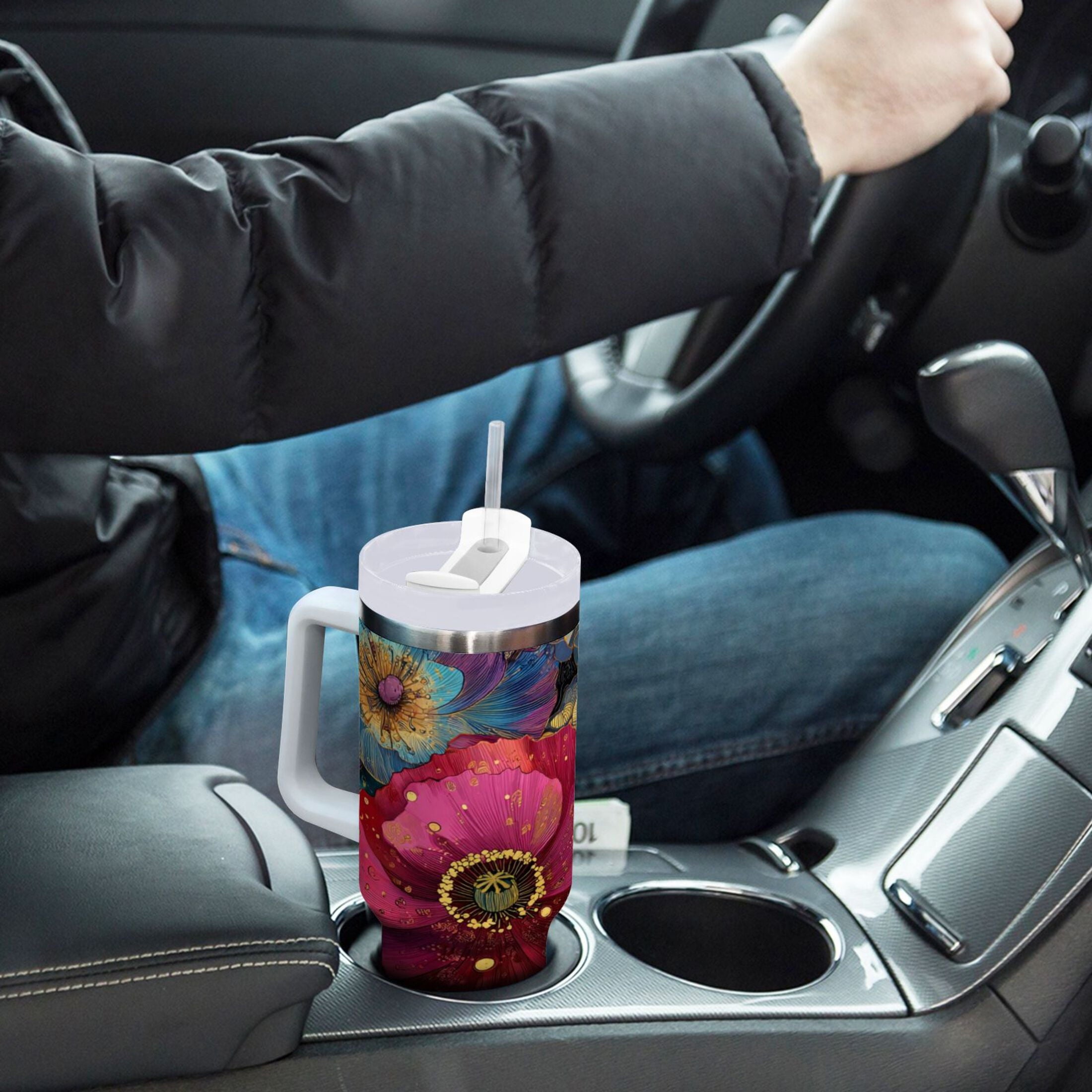 40 oz Insulated Stainless Steel Tumbler Double Wall Stainless Steel Tumbler with 2-Way Drinking Vibrant and Intricate Flowers - KFCU