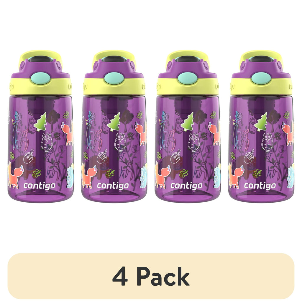 (4 pack) Contigo Kids Water Bottle with Redesigned AUTOSPOUT Straw, 14 oz, Grape Forest Haven - 73DQ