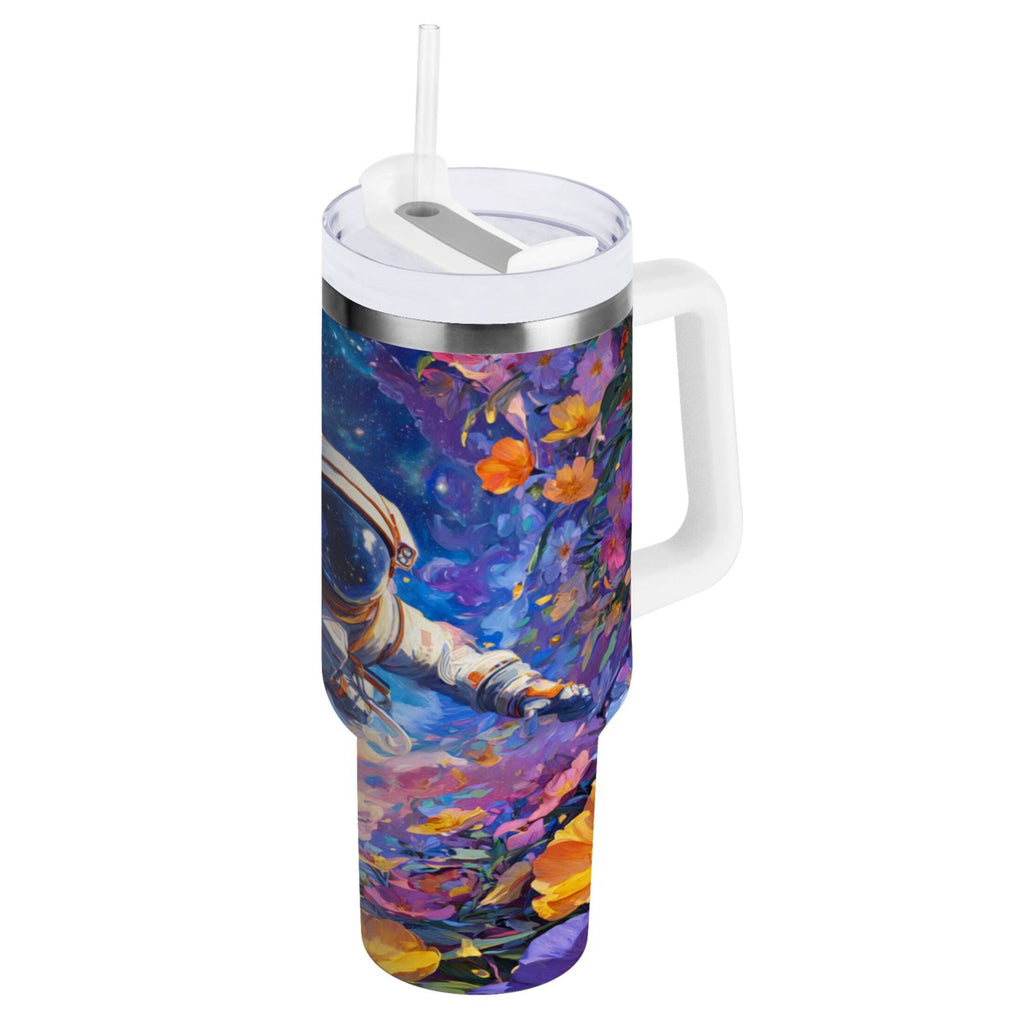 40 oz Insulated Stainless Steel Tumbler Double Wall Stainless Steel Tumbler with 2-Way Drinking Astronaut and Colorful Flowers - YVWD