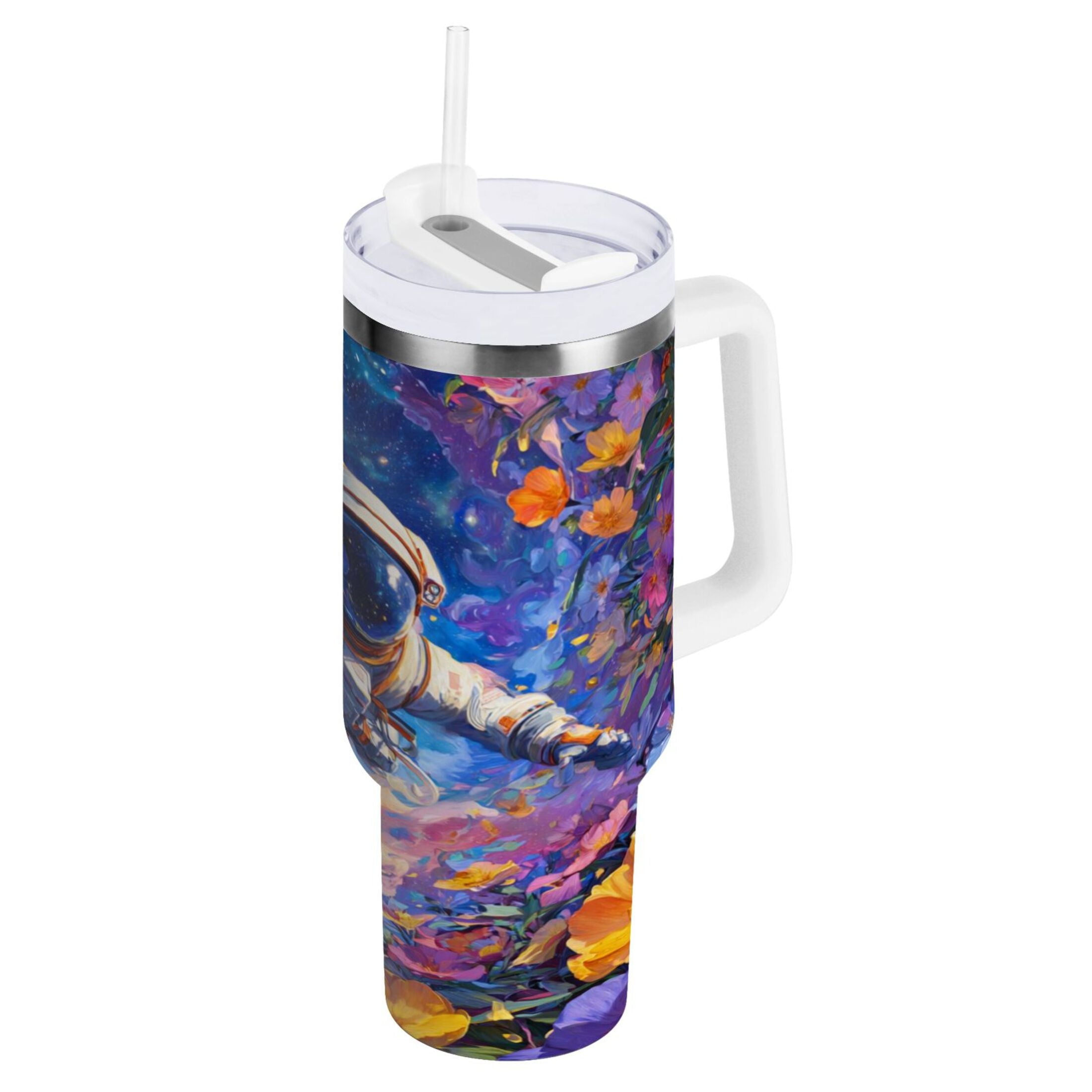 40 oz Insulated Stainless Steel Tumbler Double Wall Stainless Steel Tumbler with 2-Way Drinking Astronaut and Colorful Flowers - YVWD