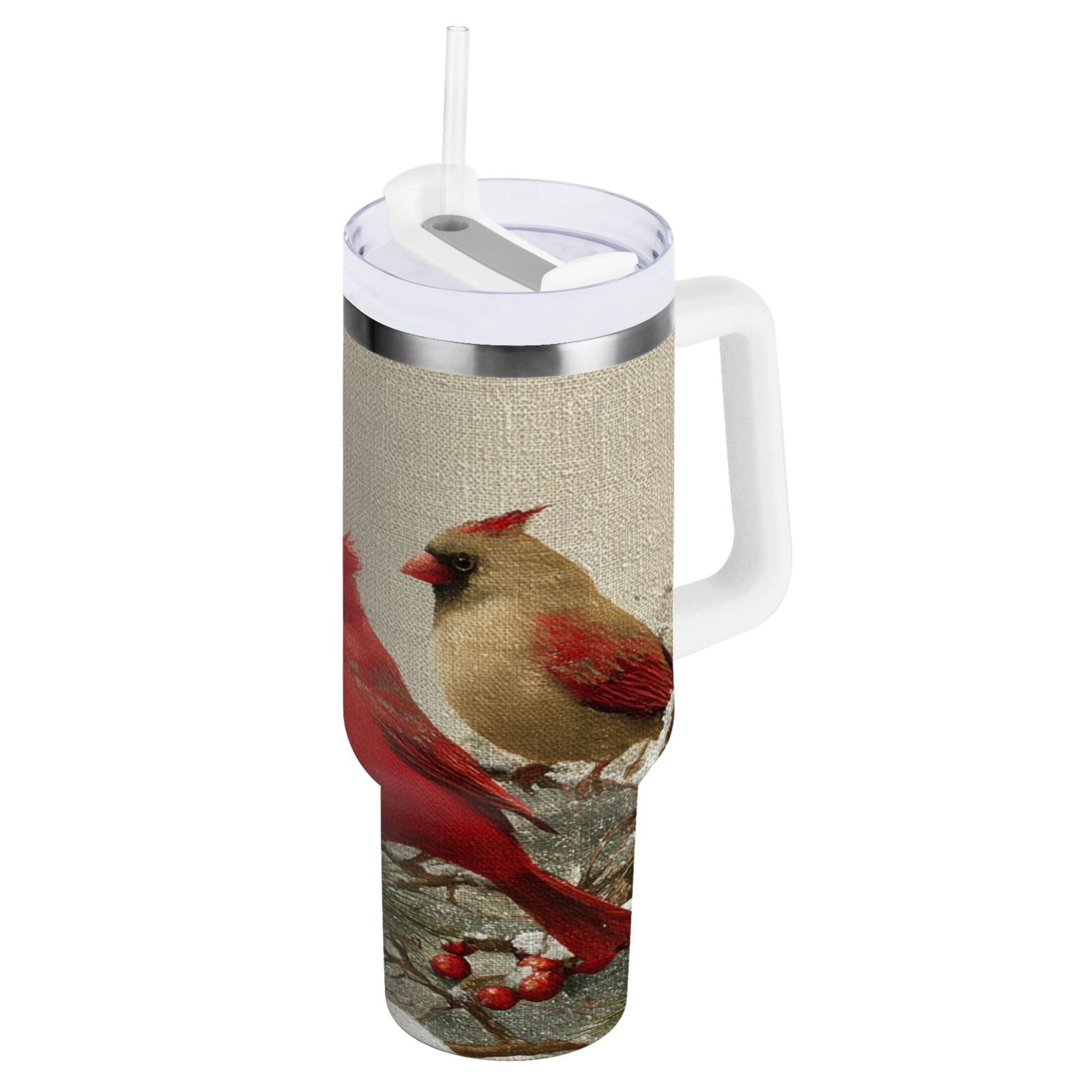 30 oz Insulated Stainless Steel Tumbler Double Wall Stainless Steel Tumbler with 2-Way Drinking Bird and Snow-covered Trees - QGER