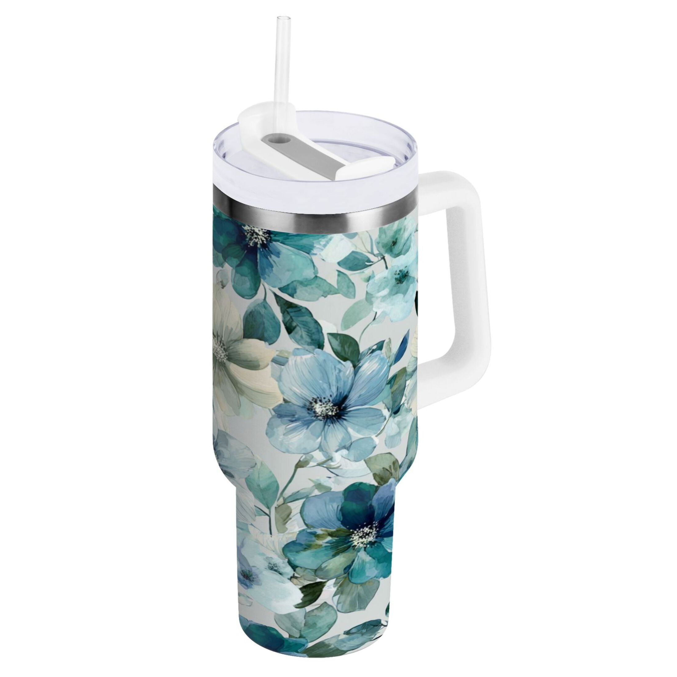 30 oz Insulated Stainless Steel Tumbler Double Wall Stainless Steel Tumbler with 2-Way Drinking Blue and Green Flowers - PFF7