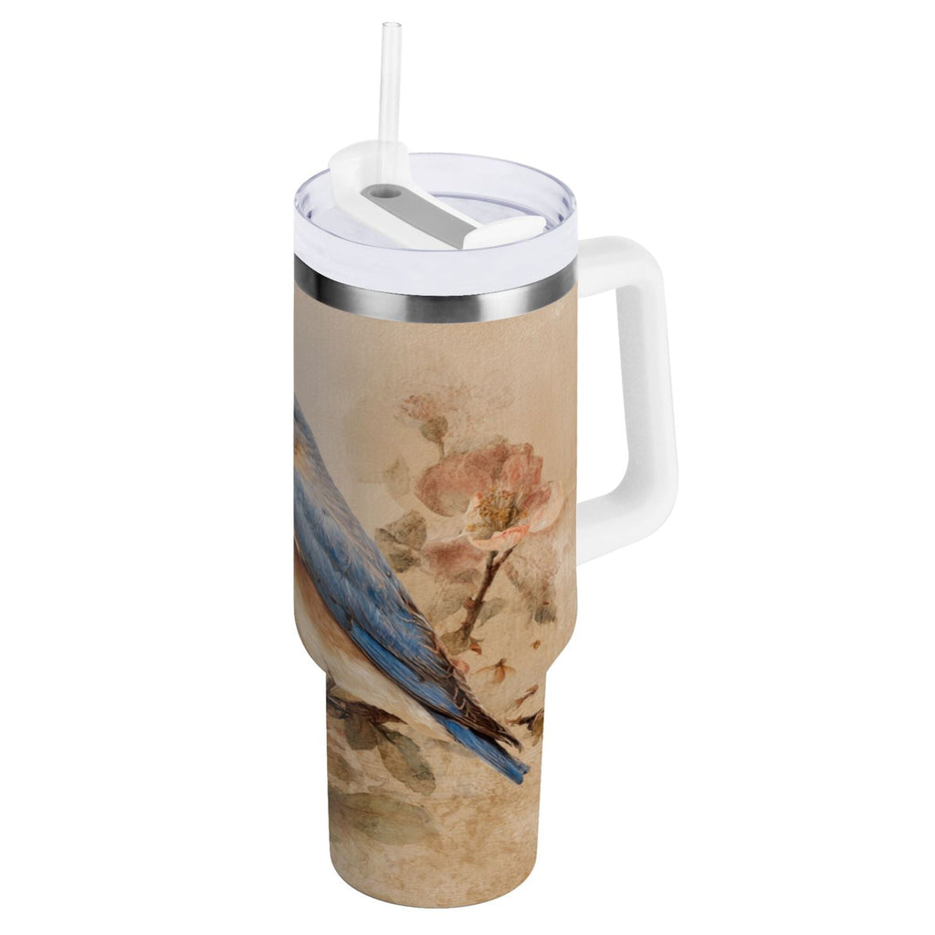 40 oz Insulated Stainless Steel Tumbler Double Wall Stainless Steel Tumbler with 2-Way Drinking Bluebird and Ancient Flowers - FNFM