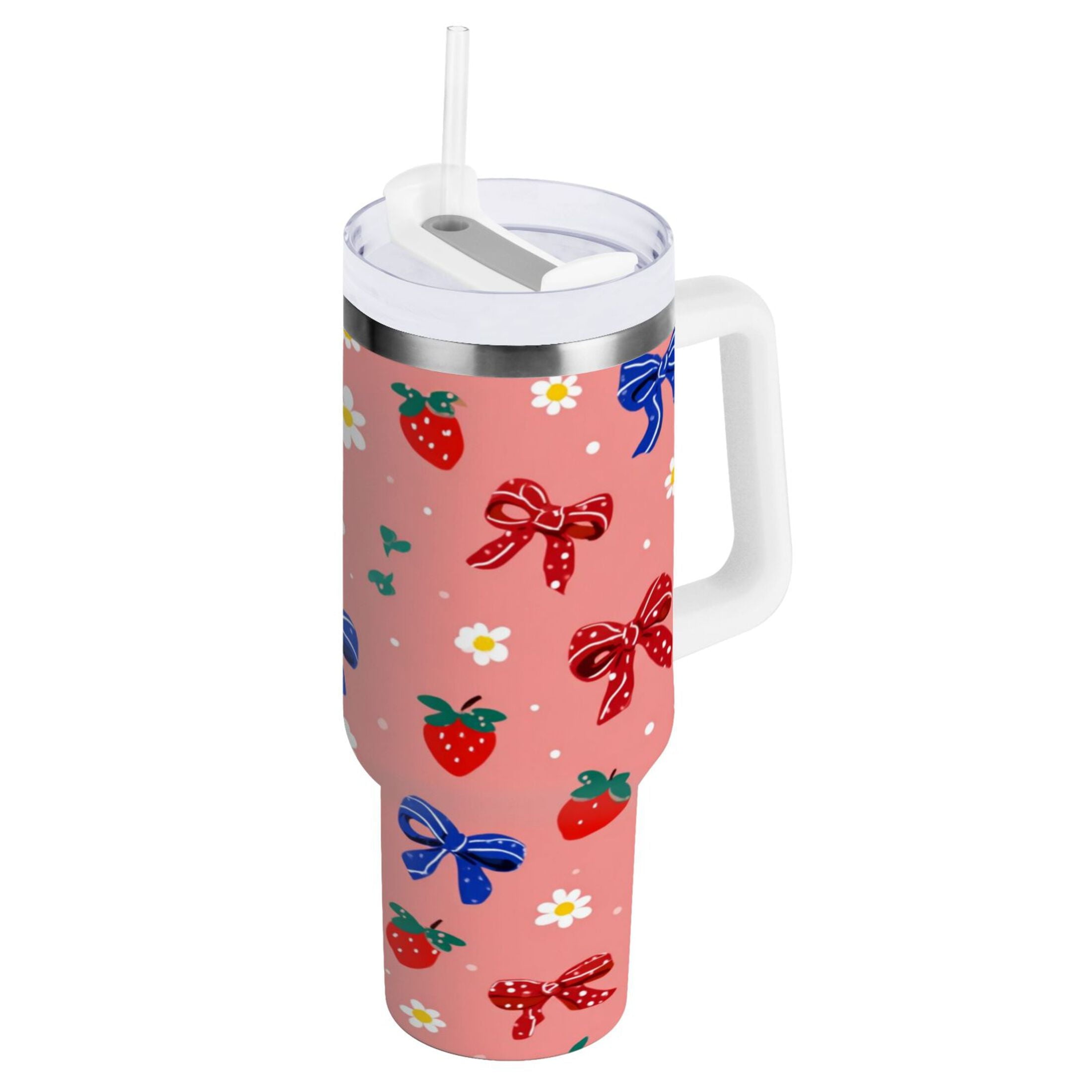 40 oz Insulated Stainless Steel Tumbler Double Wall Stainless Steel Tumbler with 2-Way Drinking Bows and Strawberries Pattern - TN3K