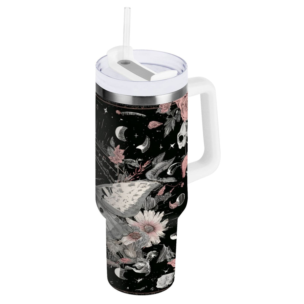 40 oz Insulated Stainless Steel Tumbler Double Wall Stainless Steel Tumbler with 2-Way Drinking Butterfly Surrounded by Flowers - 5VJE