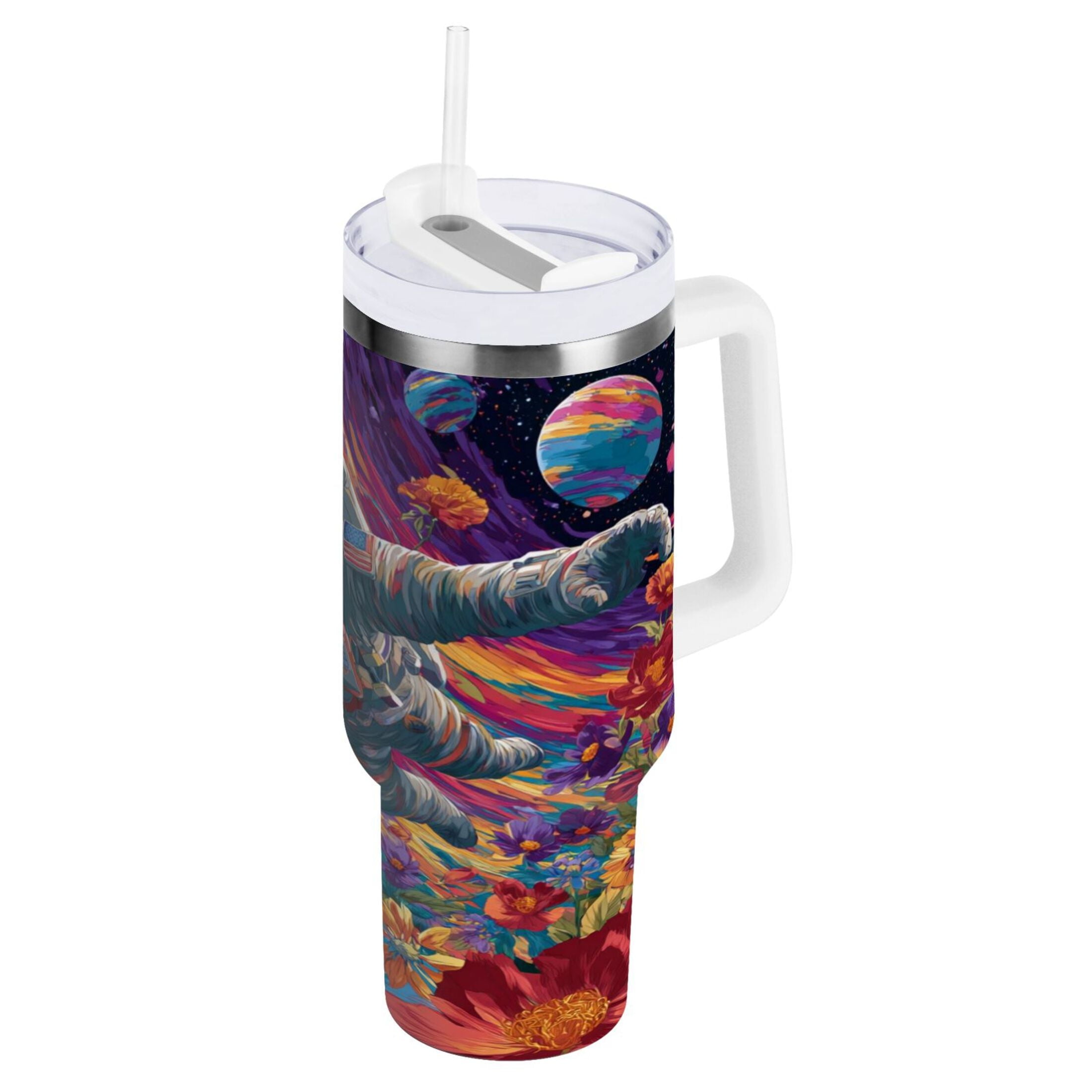 40 oz Insulated Stainless Steel Tumbler Double Wall Stainless Steel Tumbler with 2-Way Drinking Colorful Flowers and Planets - 35BZ