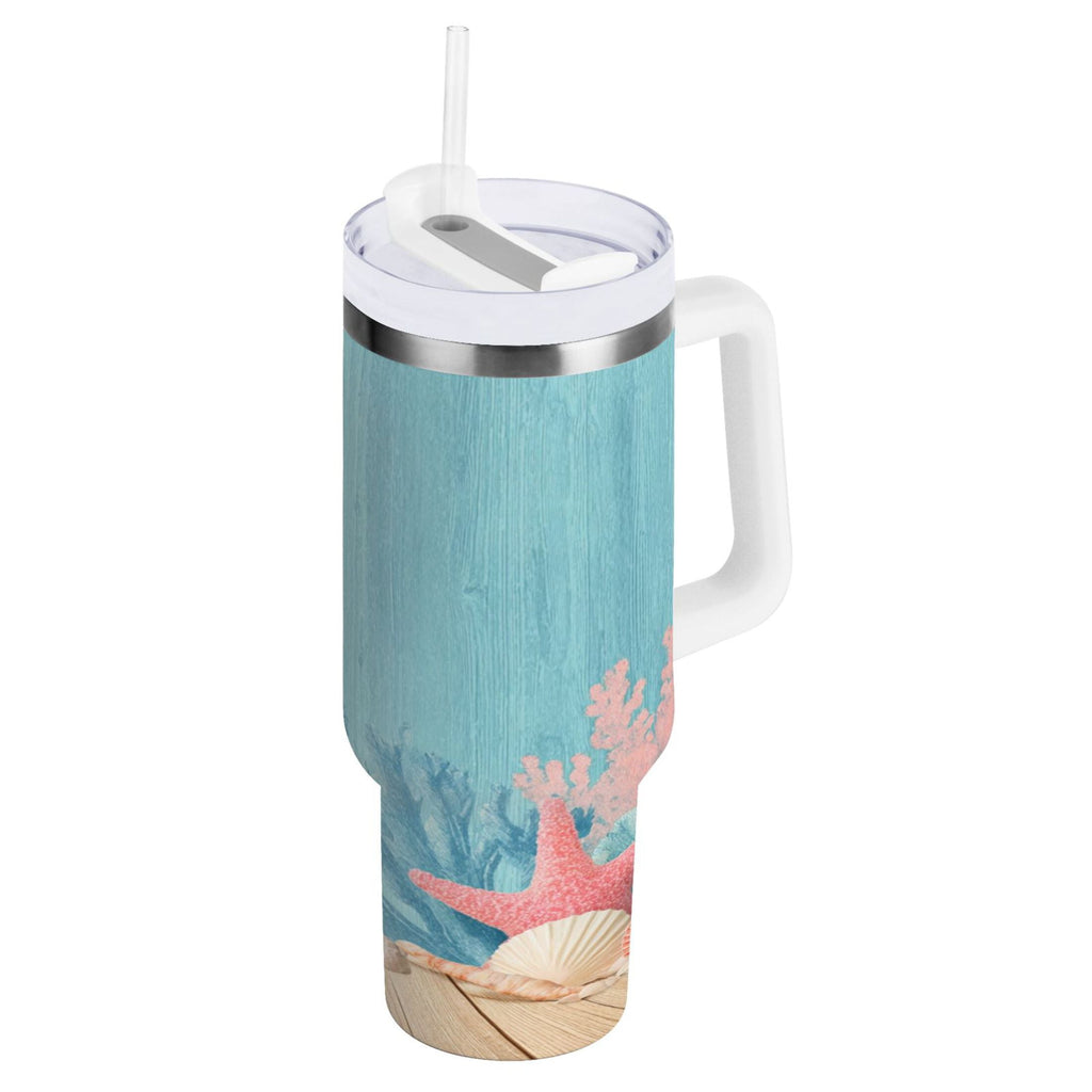 40 oz Insulated Stainless Steel Tumbler Double Wall Stainless Steel Tumbler with 2-Way Drinking Colorful Starfish and Seashells - 8NVH