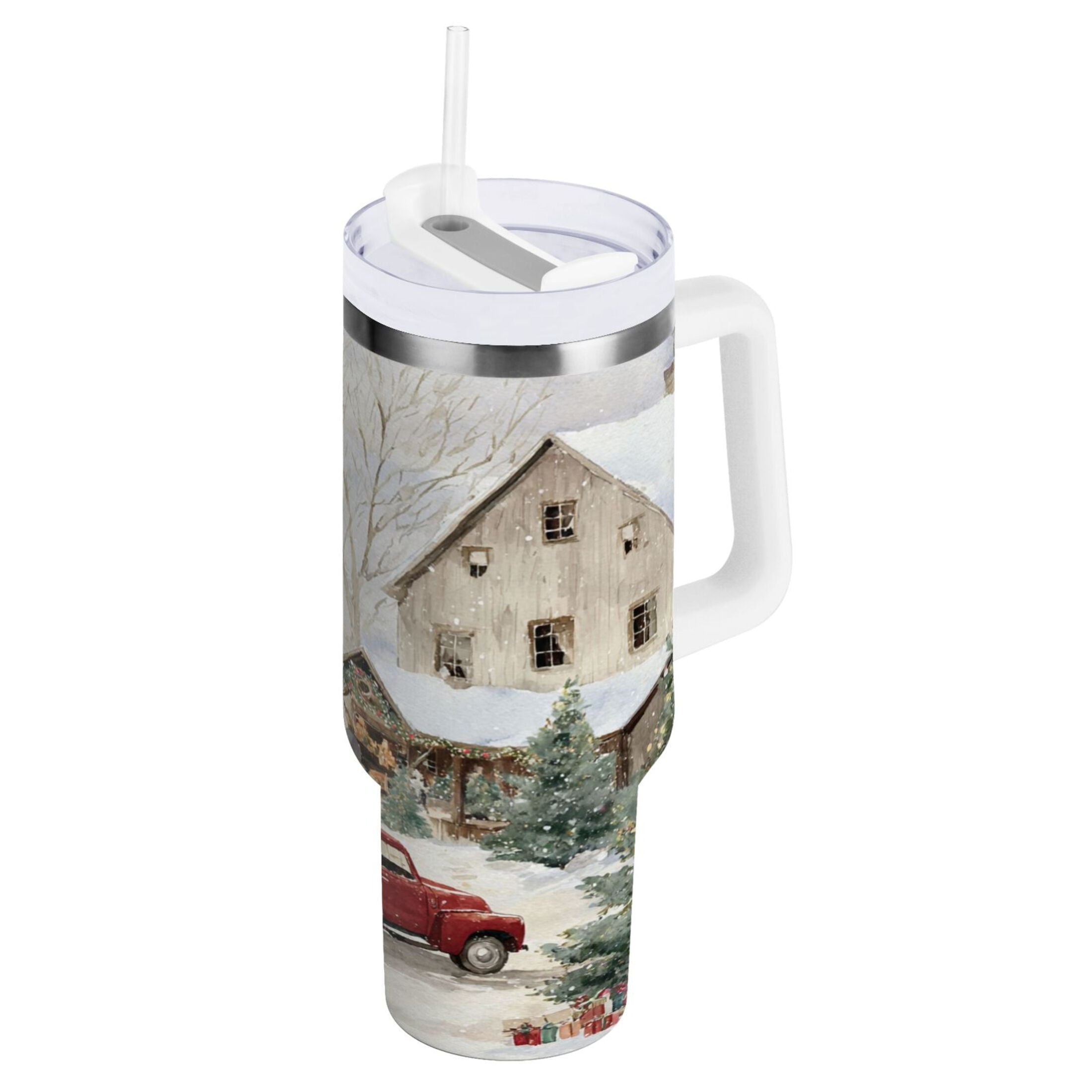 40 oz Insulated Stainless Steel Tumbler Double Wall Stainless Steel Tumbler with 2-Way Drinking Farm Snow Scene - 7ZPX