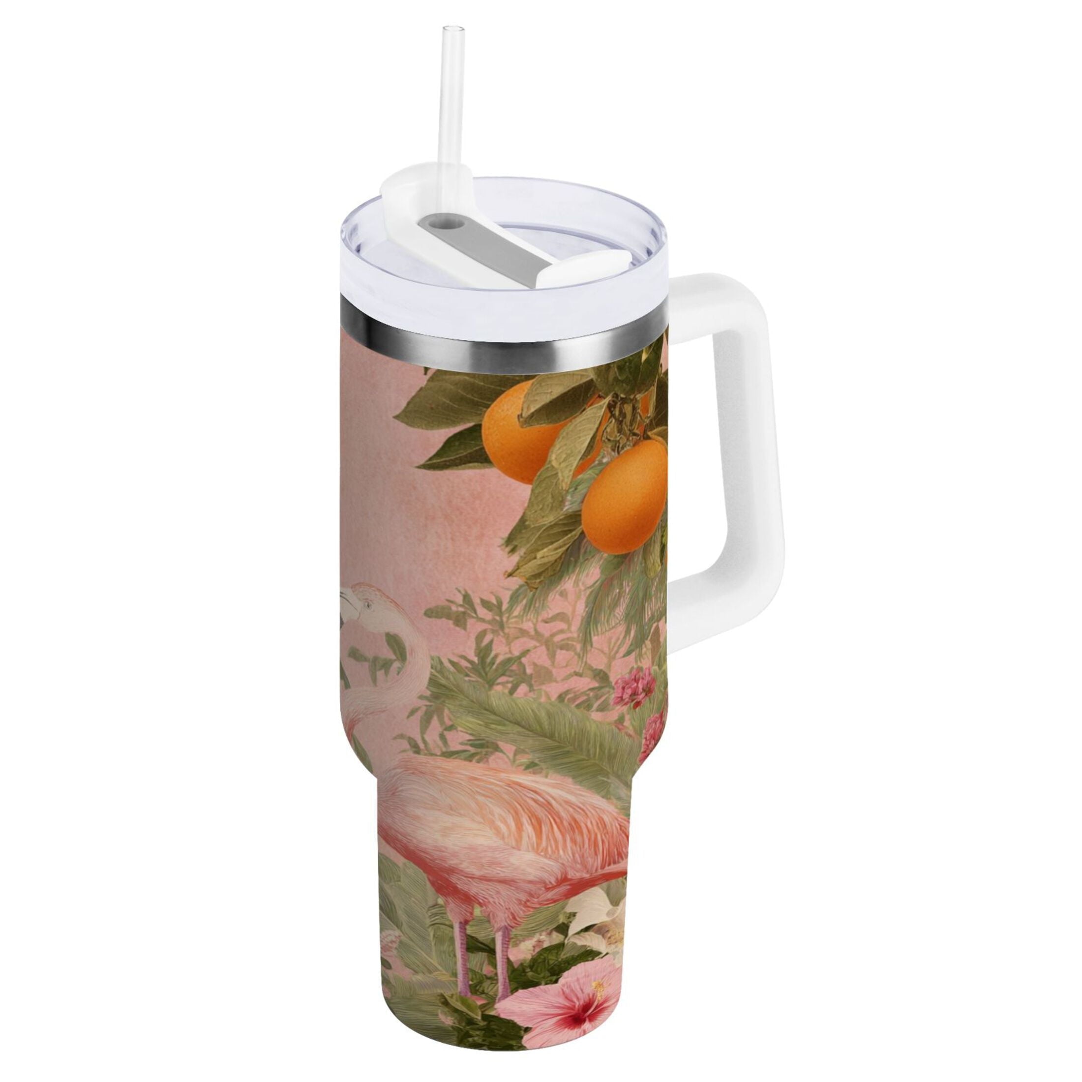 40 oz Insulated Stainless Steel Tumbler Double Wall Stainless Steel Tumbler with 2-Way Drinking Flamingos in Tropical Garden - D7RC