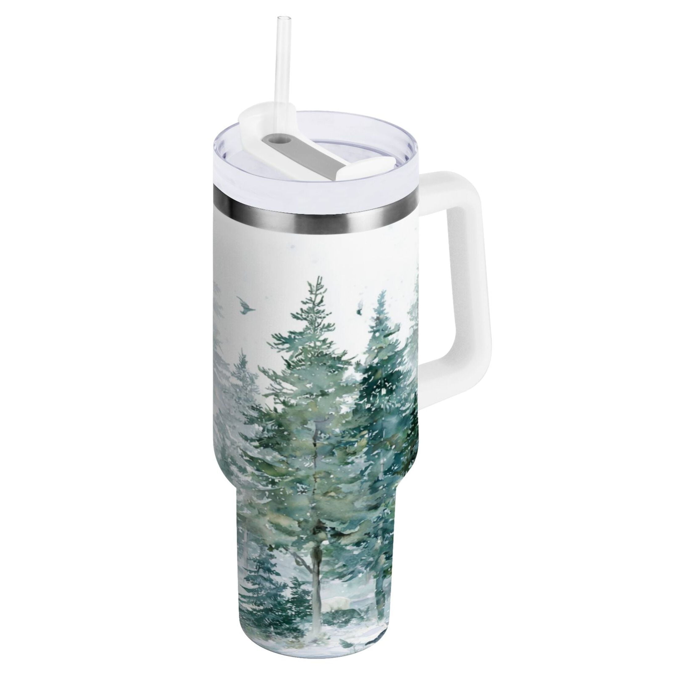 30 oz Insulated Stainless Steel Tumbler Double Wall Stainless Steel Tumbler with 2-Way Drinking Green Snowy Forest Scene - TVSW