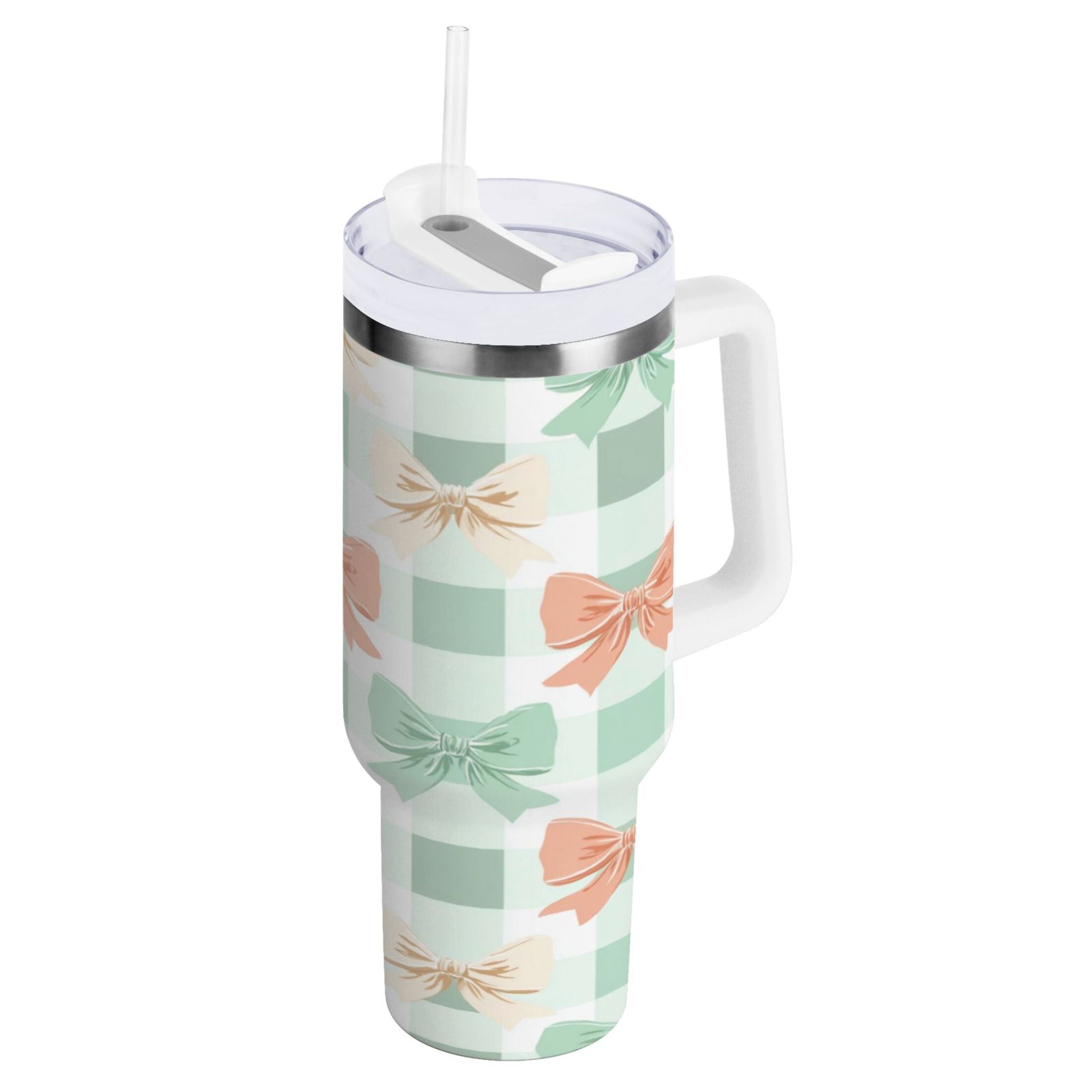 40 oz Insulated Stainless Steel Tumbler Double Wall Stainless Steel Tumbler with 2-Way Drinking Green and Peach Bow Pattern - WAL9
