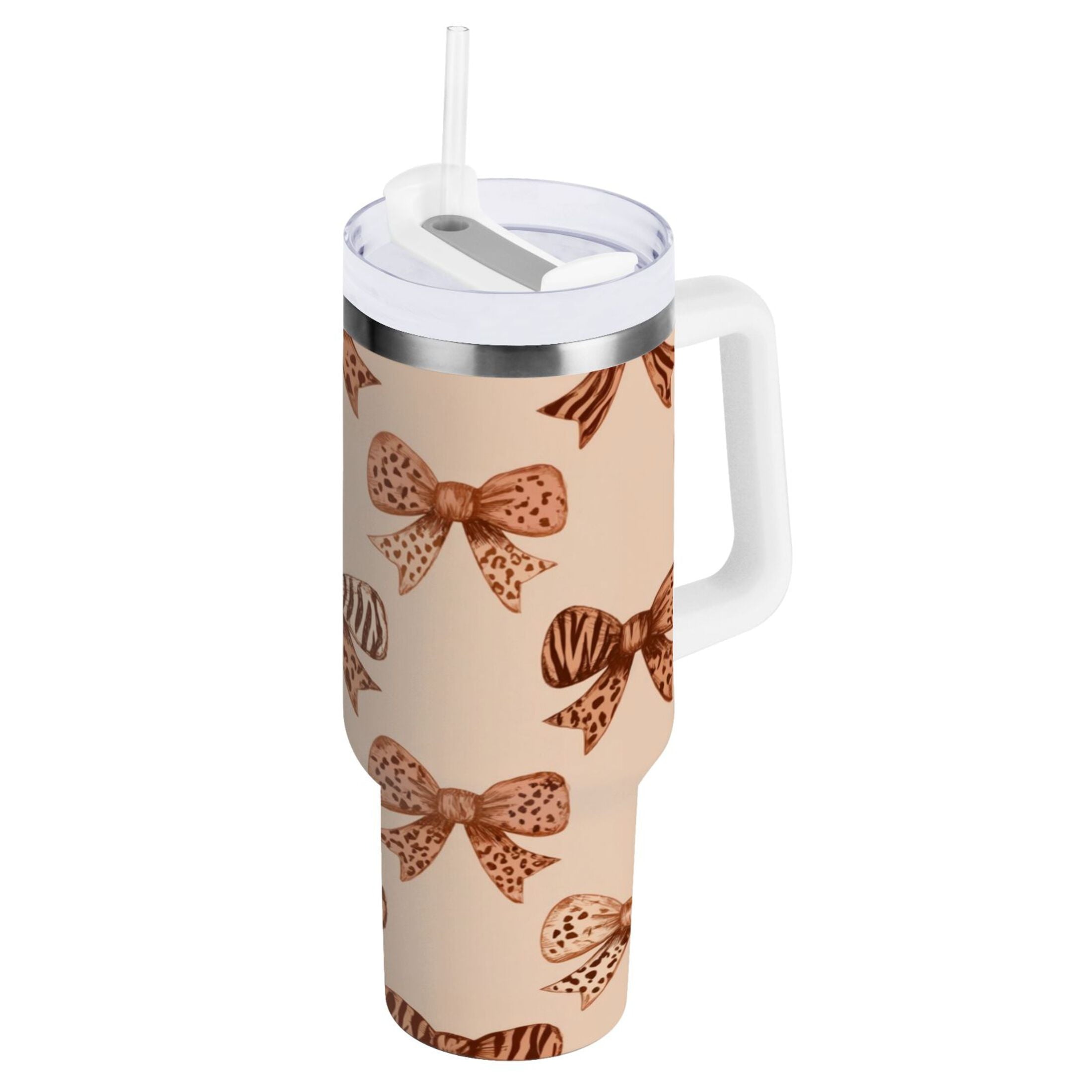 40 oz Insulated Stainless Steel Tumbler Double Wall Stainless Steel Tumbler with 2-Way Drinking Leopard Print Bow - D59H
