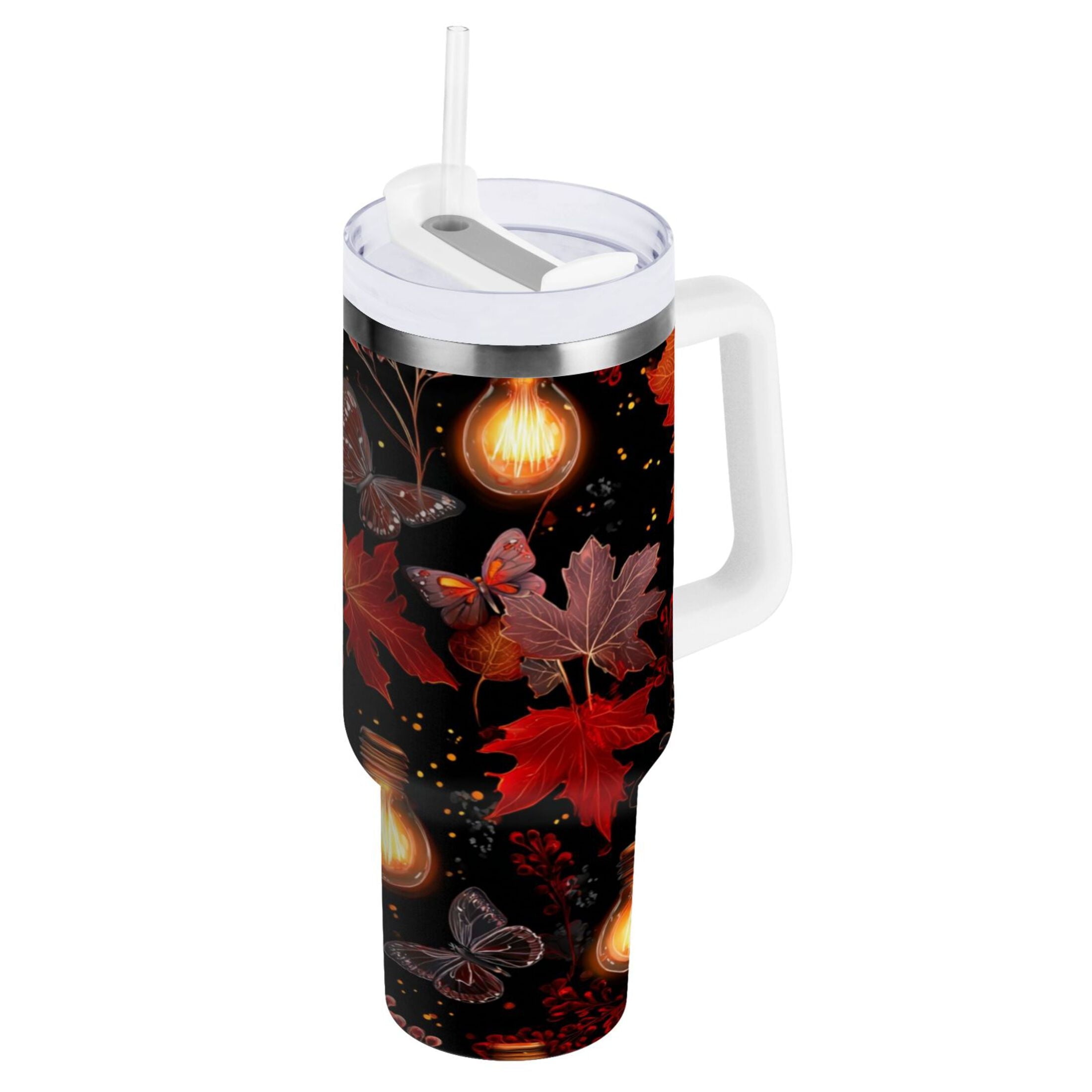 40 oz Insulated Stainless Steel Tumbler Double Wall Stainless Steel Tumbler with 2-Way Drinking Light Bulbs and Maple Leaves - E3V2