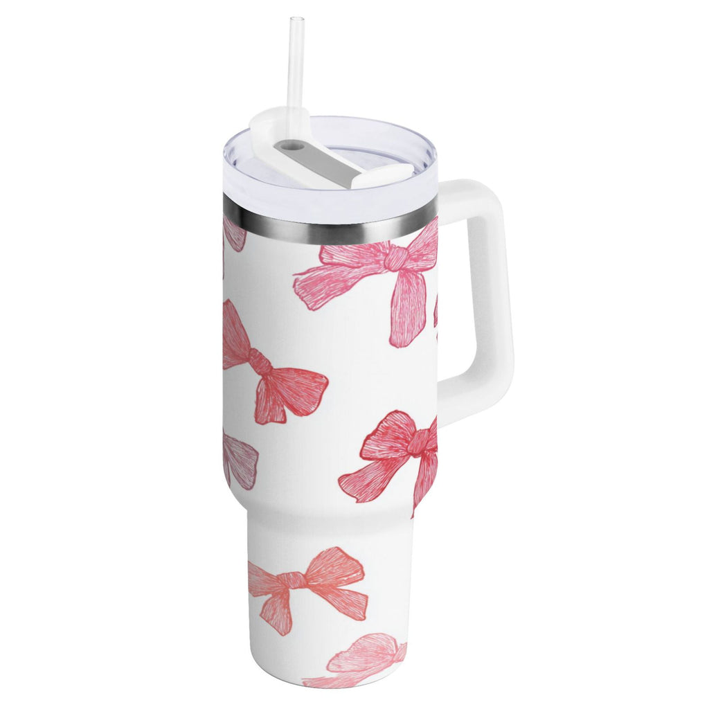 40 oz Insulated Stainless Steel Tumbler Double Wall Stainless Steel Tumbler with 2-Way Drinking Pink Bows Pattern - ENMN