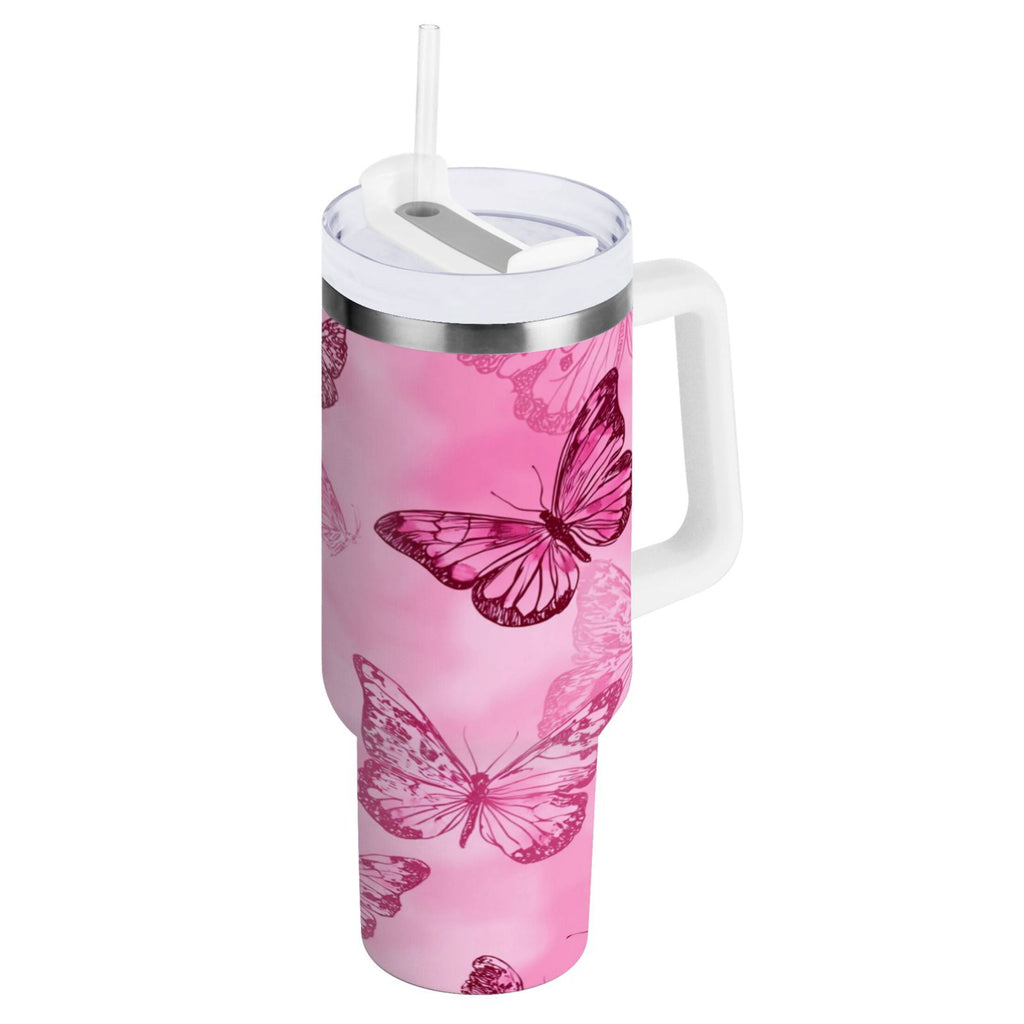40 oz Insulated Stainless Steel Tumbler Double Wall Stainless Steel Tumbler with 2-Way Drinking Pink Butterfly Pattern - 4WAU