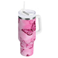 40 oz Insulated Stainless Steel Tumbler Double Wall Stainless Steel Tumbler with 2-Way Drinking Pink Butterfly Pattern - 4WAU