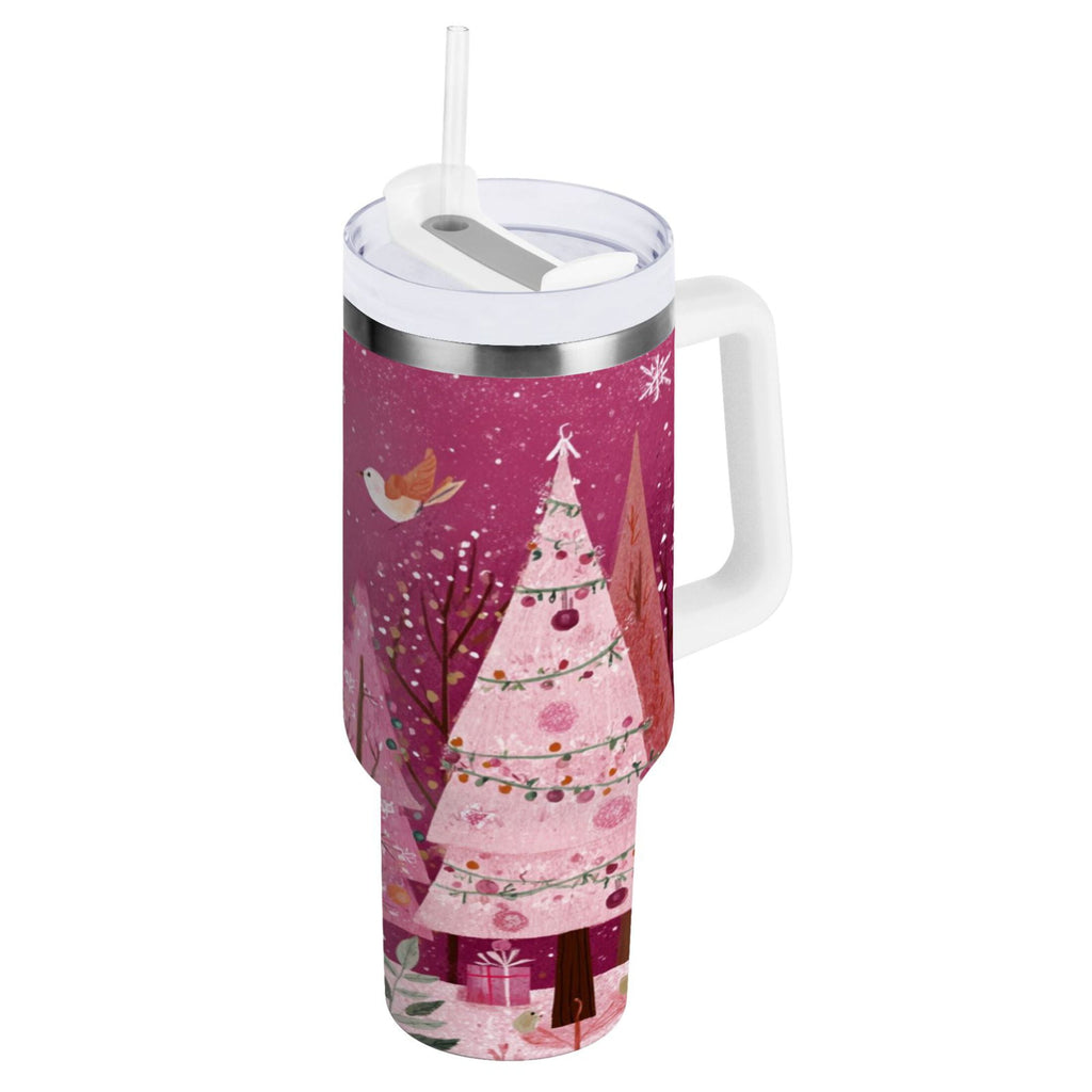 40 oz Insulated Stainless Steel Tumbler Double Wall Stainless Steel Tumbler with 2-Way Drinking Pink Christmas Forest - UL72
