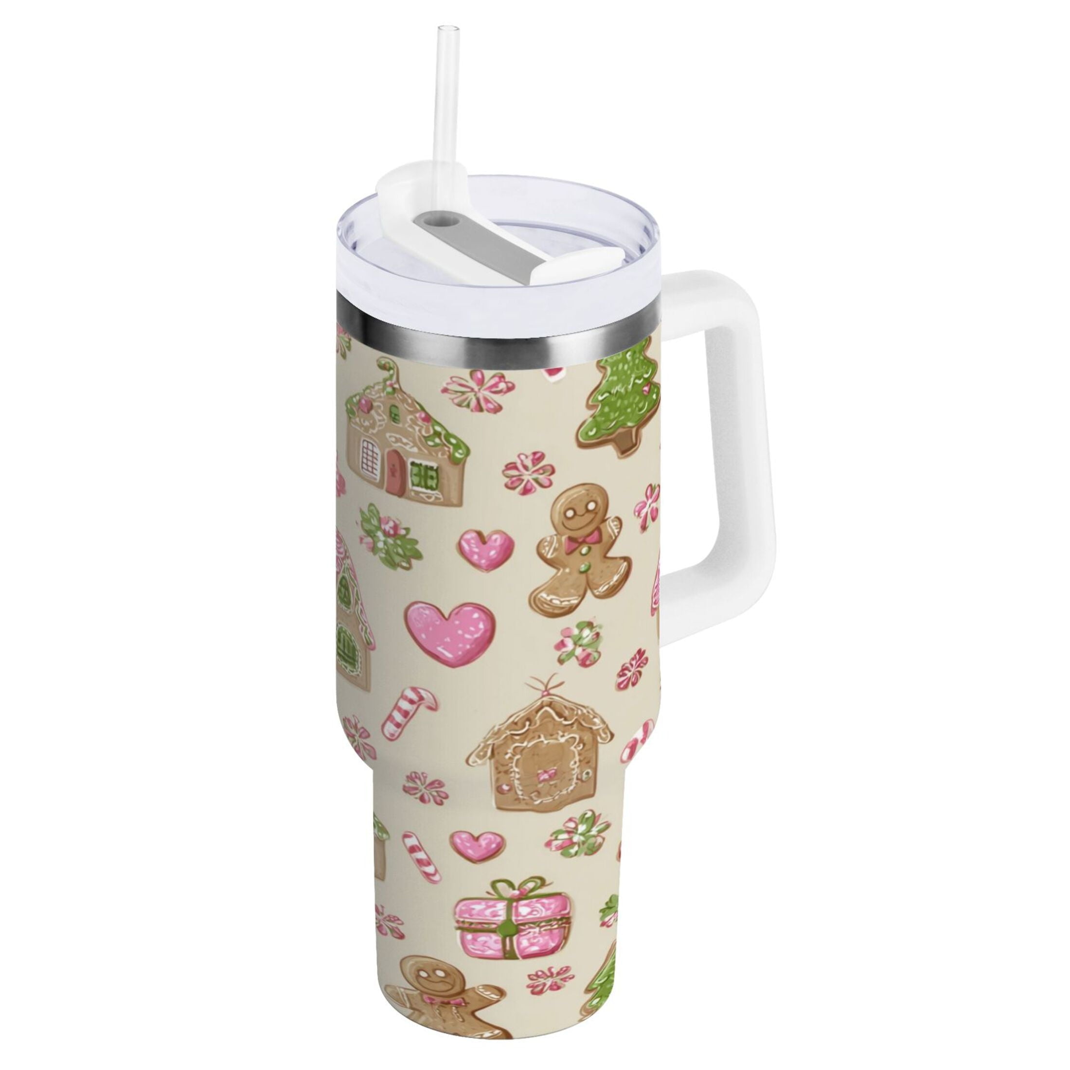 40 oz Insulated Stainless Steel Tumbler Double Wall Stainless Steel Tumbler with 2-Way Drinking Pink Cute Christmas Pattern - HMD4