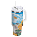 40 oz Insulated Stainless Steel Tumbler Double Wall Stainless Steel Tumbler with 2-Way Drinking Playful Cat Lying Sunflowers - F4JW