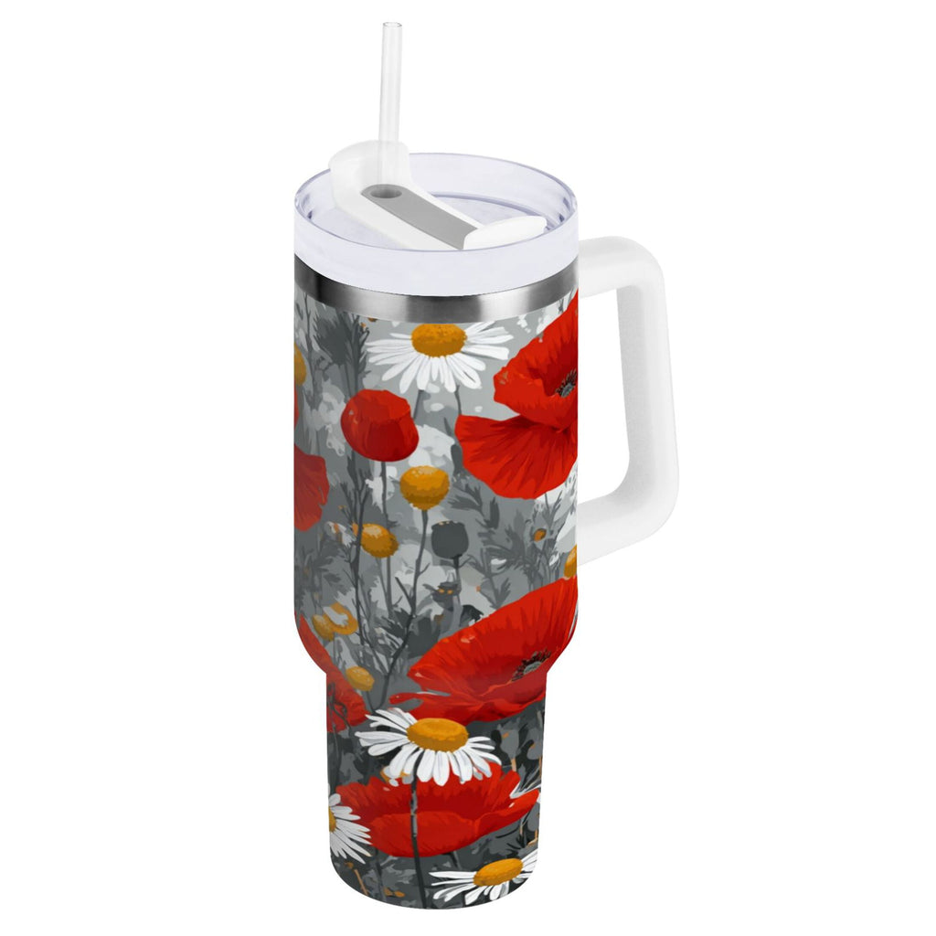 40 oz Insulated Stainless Steel Tumbler Double Wall Stainless Steel Tumbler with 2-Way Drinking Red Flowers and Daisies - JF3D