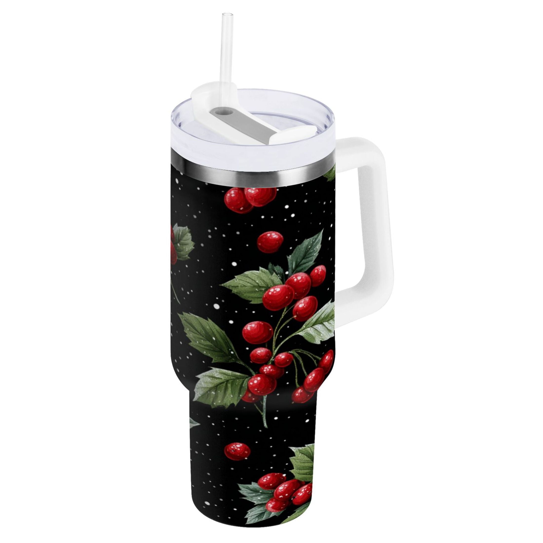 40 oz Insulated Stainless Steel Tumbler Double Wall Stainless Steel Tumbler with 2-Way Drinking Red Holly Berries Pattern - HSVE