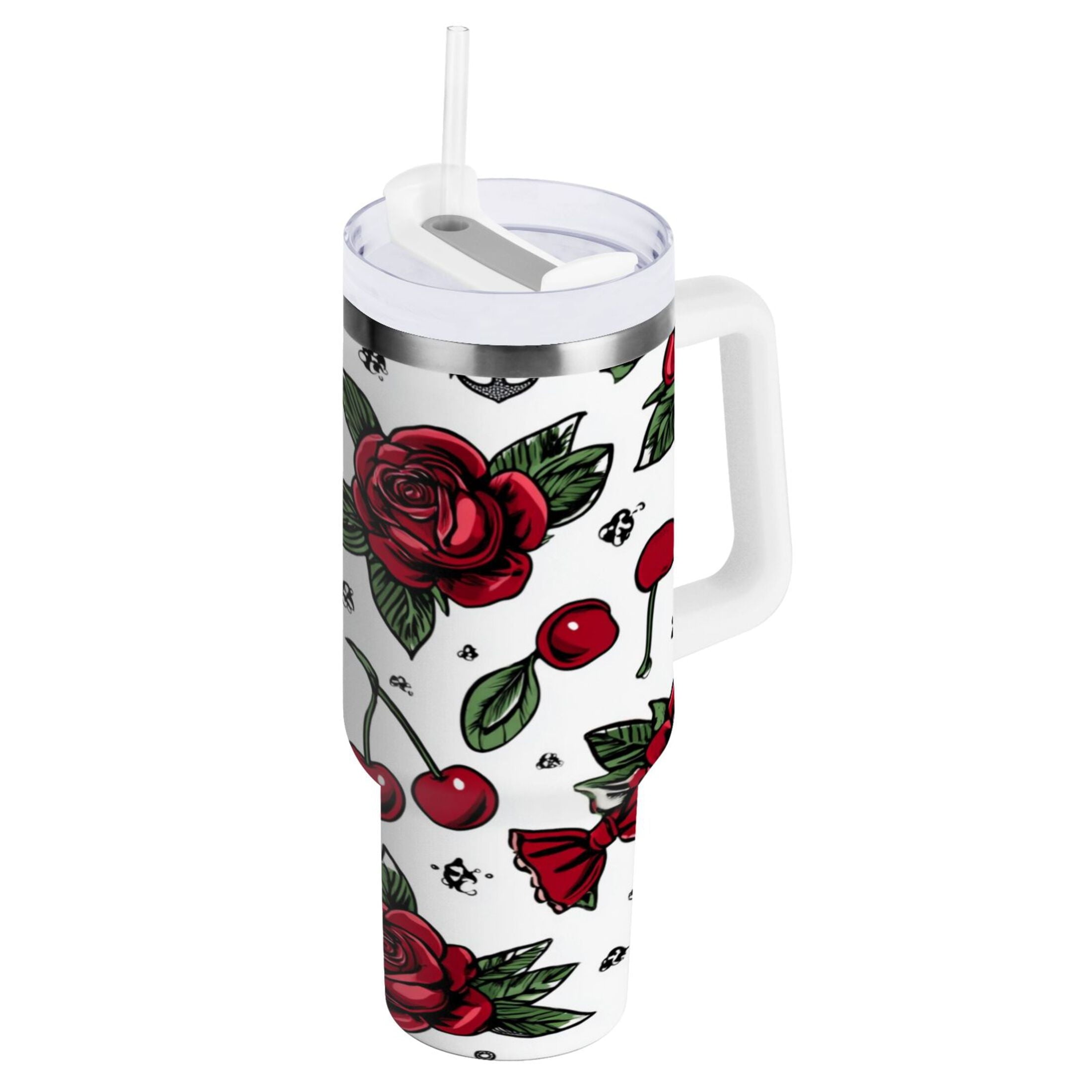 40 oz Insulated Stainless Steel Tumbler Double Wall Stainless Steel Tumbler with 2-Way Drinking Red Roses and Cherries - CWCE