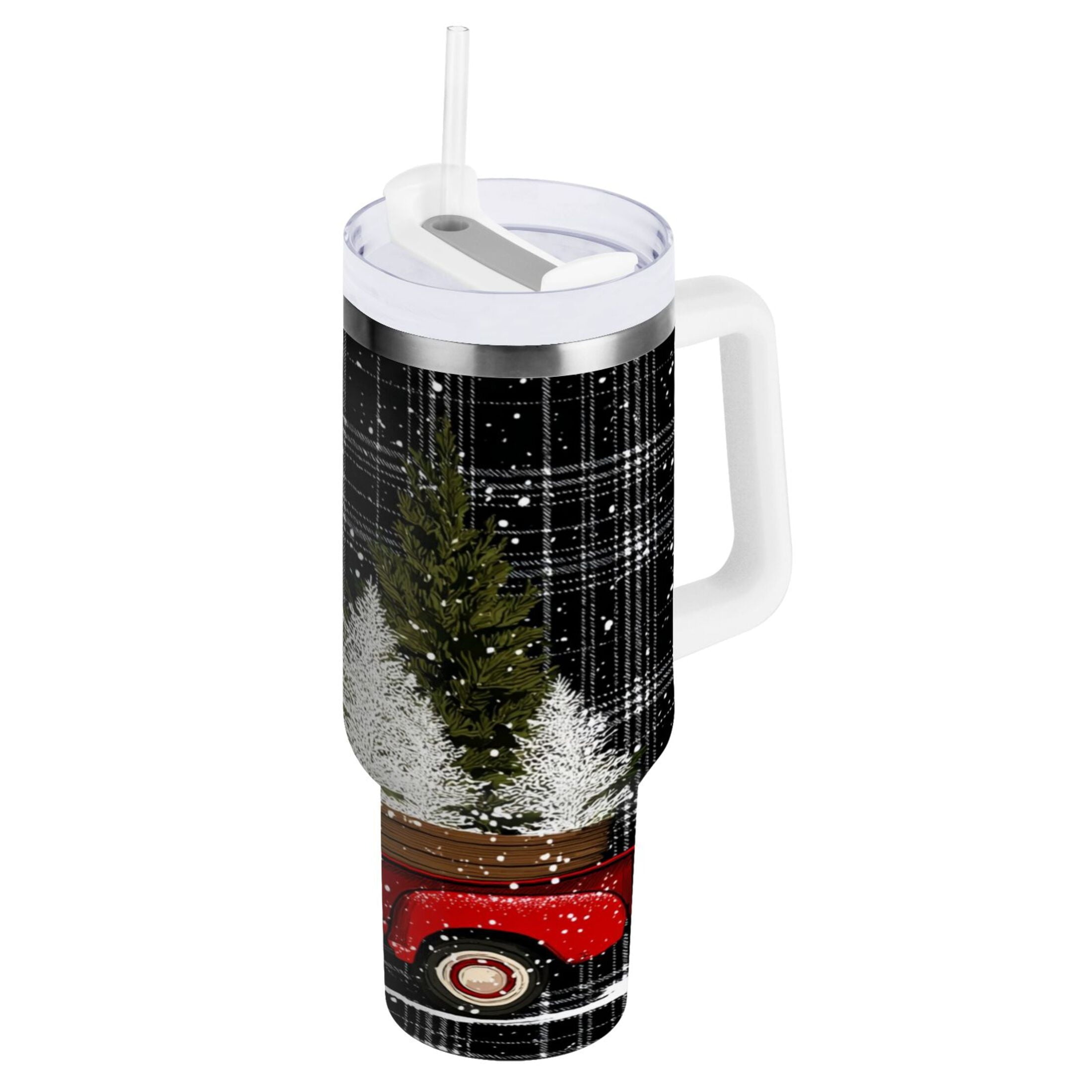 40 oz Insulated Stainless Steel Tumbler Double Wall Stainless Steel Tumbler with 2-Way Drinking Red Truck with Christmas Tree - XLKJ