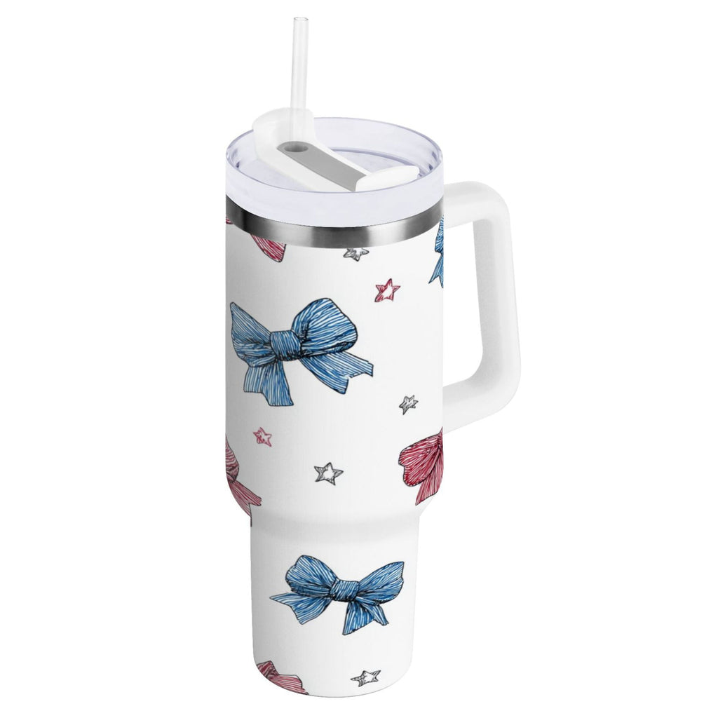 40 oz Insulated Stainless Steel Tumbler Double Wall Stainless Steel Tumbler with 2-Way Drinking Red and Blue Stripes Bows - U6S4