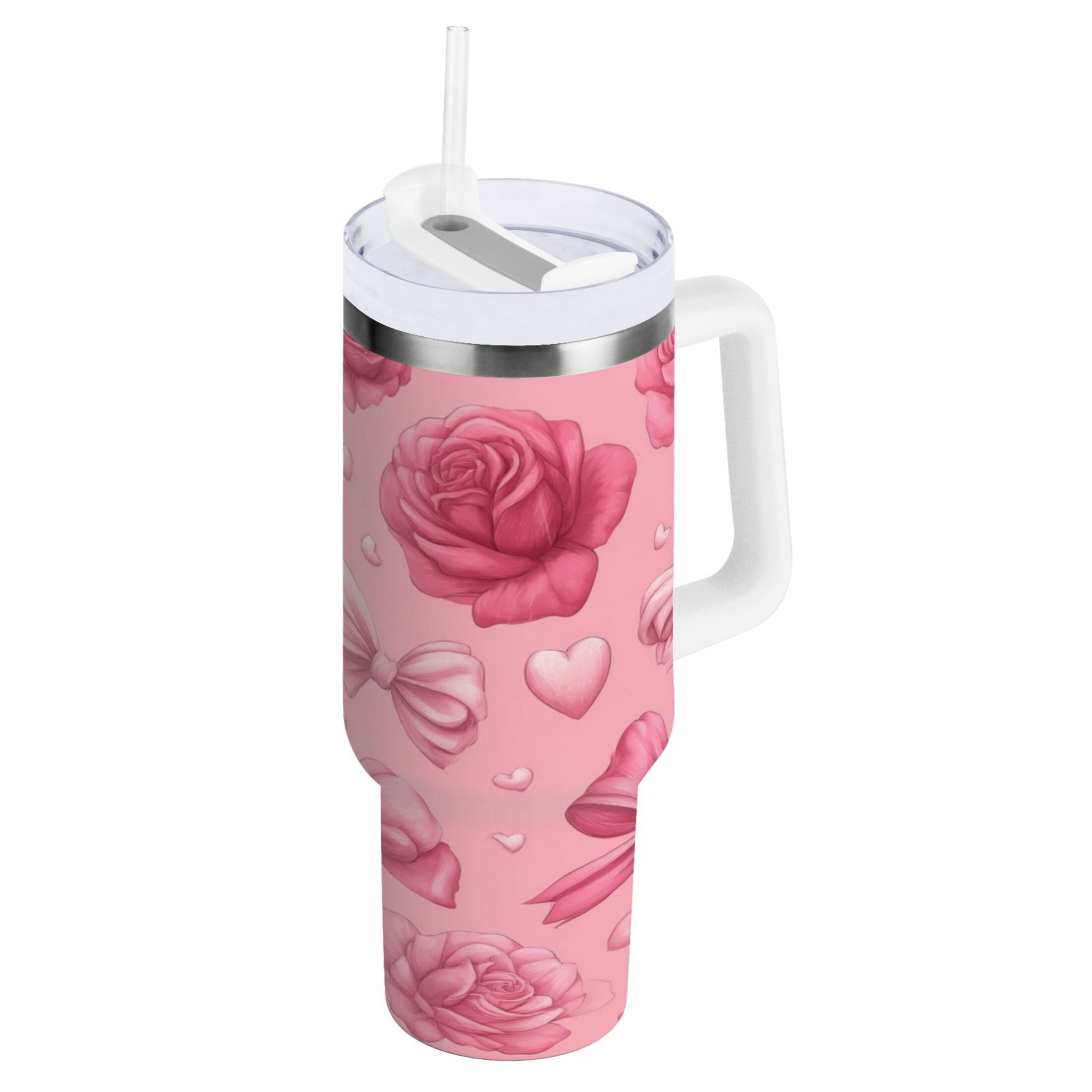 40 oz Insulated Stainless Steel Tumbler Double Wall Stainless Steel Tumbler with 2-Way Drinking Roses and Bows Pattern - C9RS