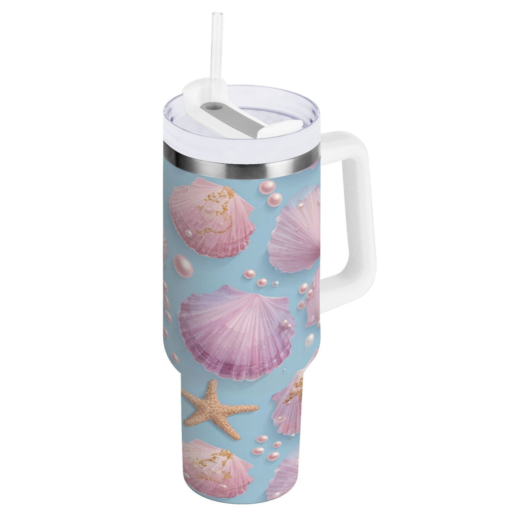 40 oz Insulated Stainless Steel Tumbler Double Wall Stainless Steel Tumbler with 2-Way Drinking Seashells and Pearls Pattern - 9BS2