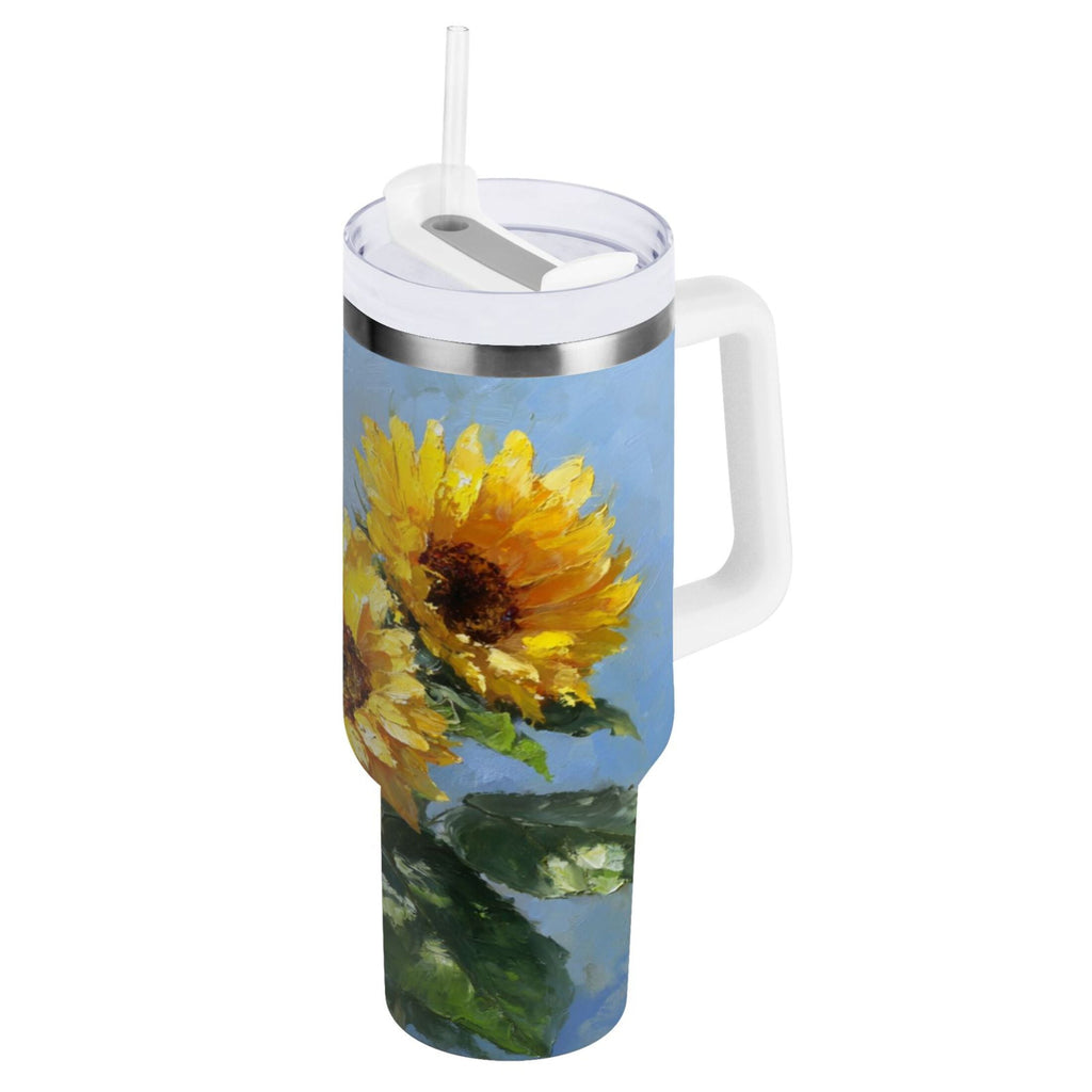 40 oz Insulated Stainless Steel Tumbler Double Wall Stainless Steel Tumbler with 2-Way Drinking Sunflowers Painting - WQK8