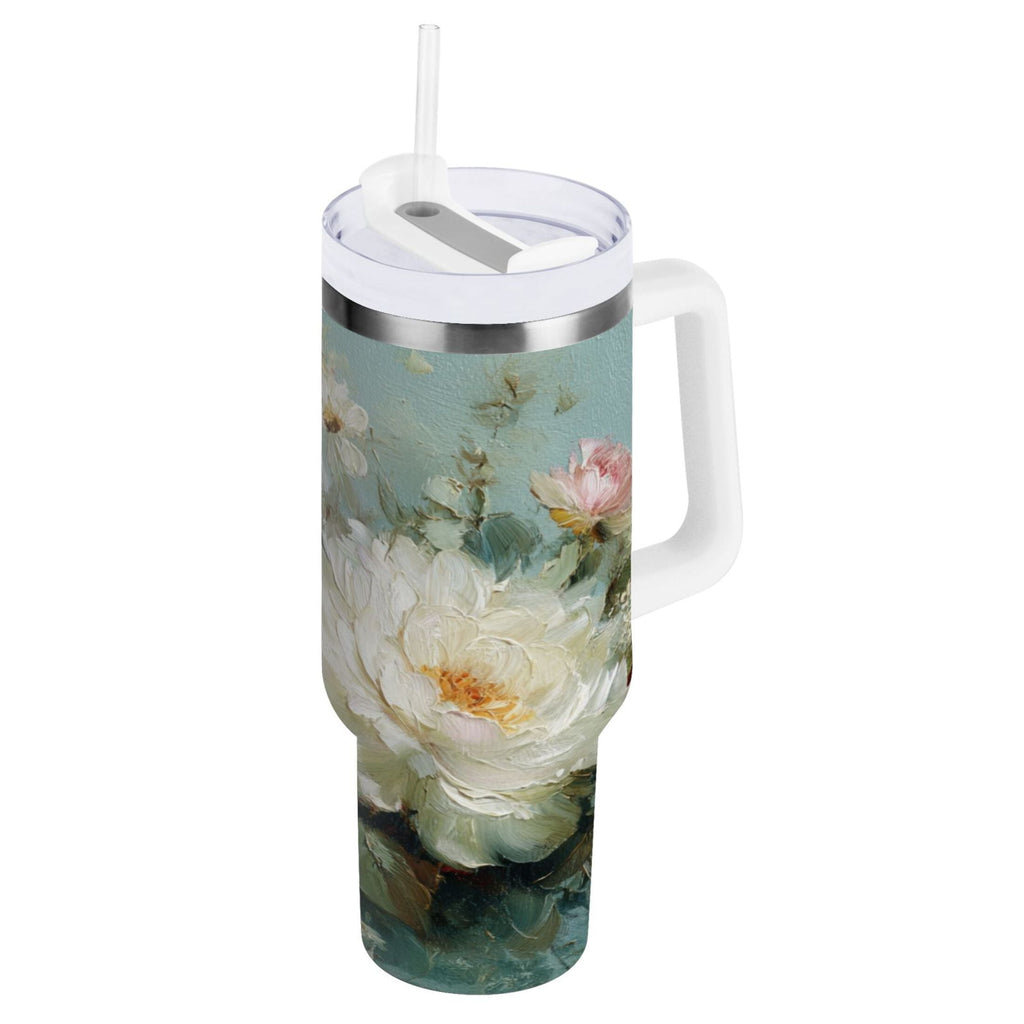 40 oz Insulated Stainless Steel Tumbler Double Wall Stainless Steel Tumbler with 2-Way Drinking Vintage Peonies and Daisies - KLSL