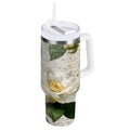 40 oz Insulated Stainless Steel Tumbler Double Wall Stainless Steel Tumbler with 2-Way Drinking Vintage White Camellias - Z4P8