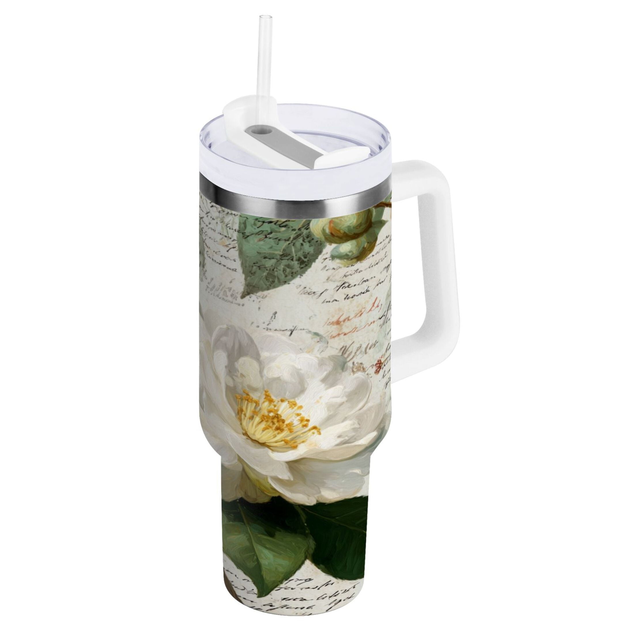 40 oz Insulated Stainless Steel Tumbler Double Wall Stainless Steel Tumbler with 2-Way Drinking Vintage White Camellias - Z4P8