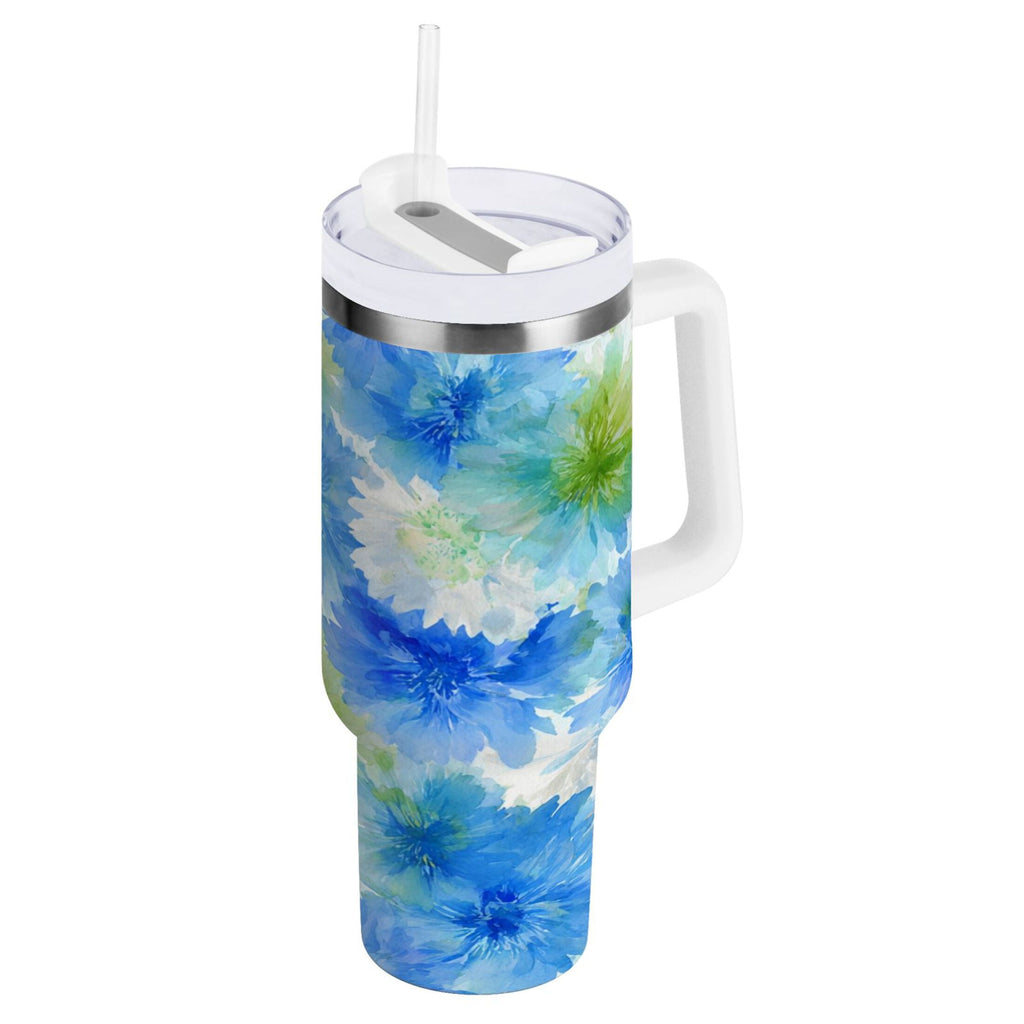 40 oz Insulated Stainless Steel Tumbler Double Wall Stainless Steel Tumbler with 2-Way Drinking Watercolor Blue Cornflowers - 475G
