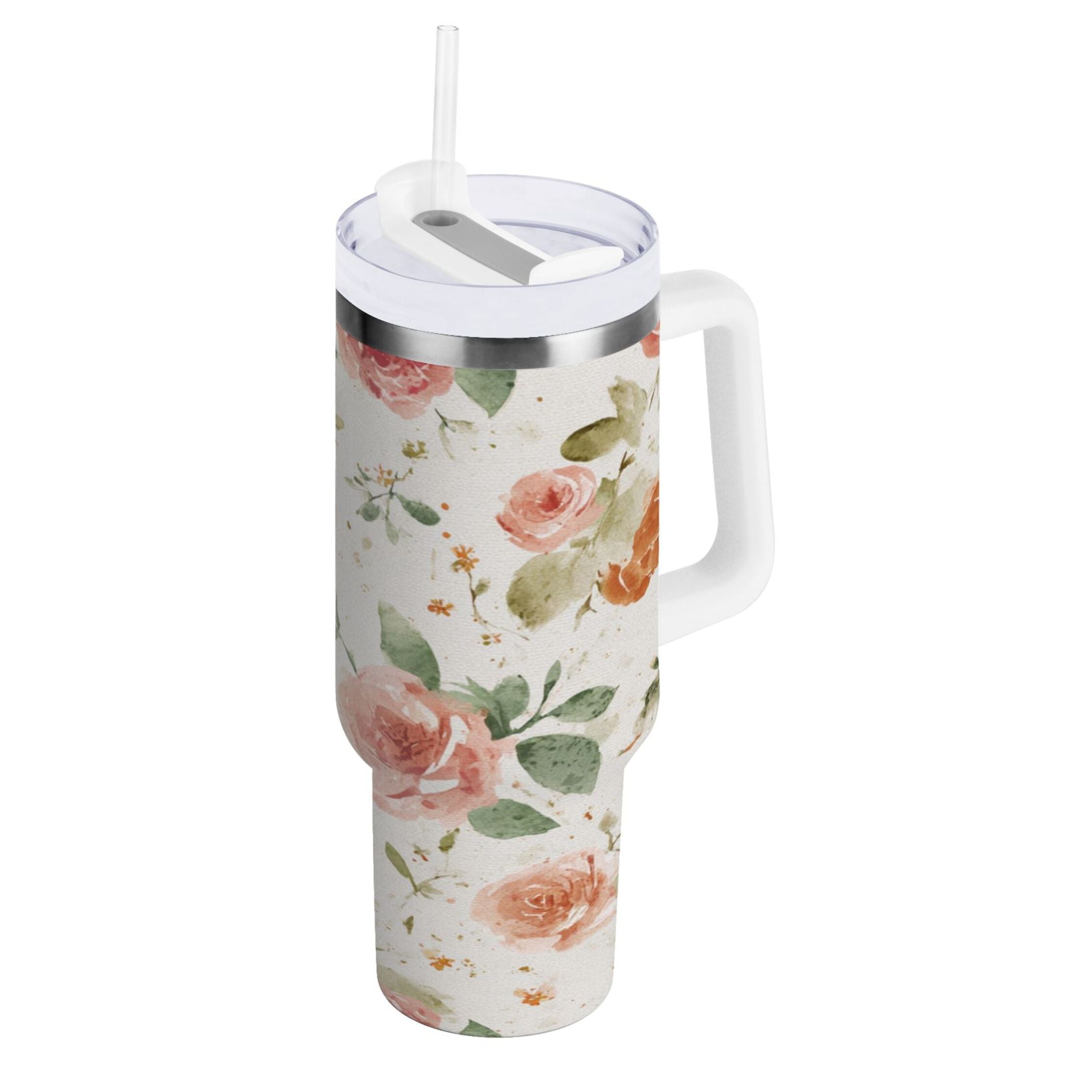 40 oz Insulated Stainless Steel Tumbler Double Wall Stainless Steel Tumbler with 2-Way Drinking Watercolor Rose Floral Pattern - SLDA