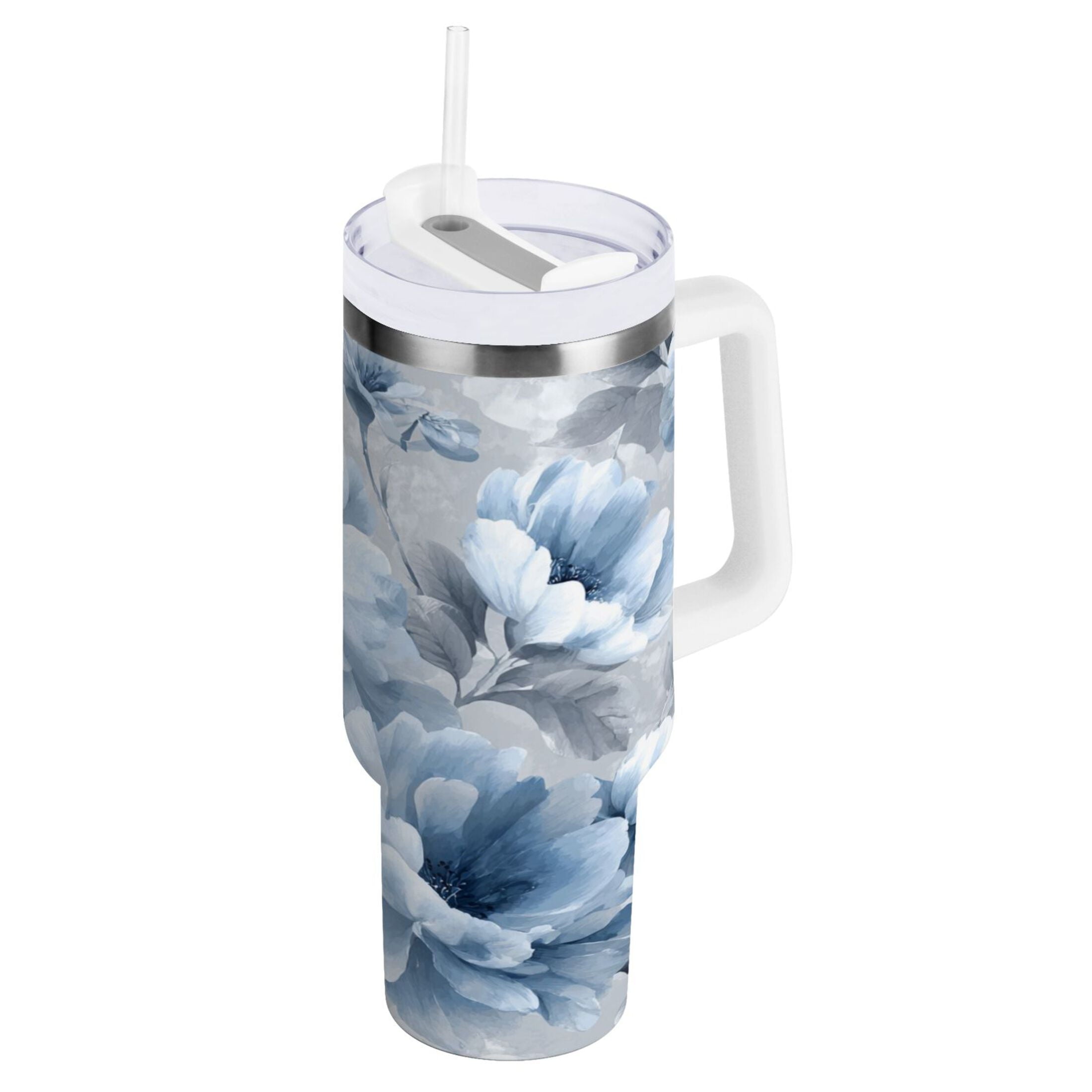 40 oz Insulated Stainless Steel Tumbler Double Wall Stainless Steel Tumbler with 2-Way Drinking White Floral Pattern - 7GDW