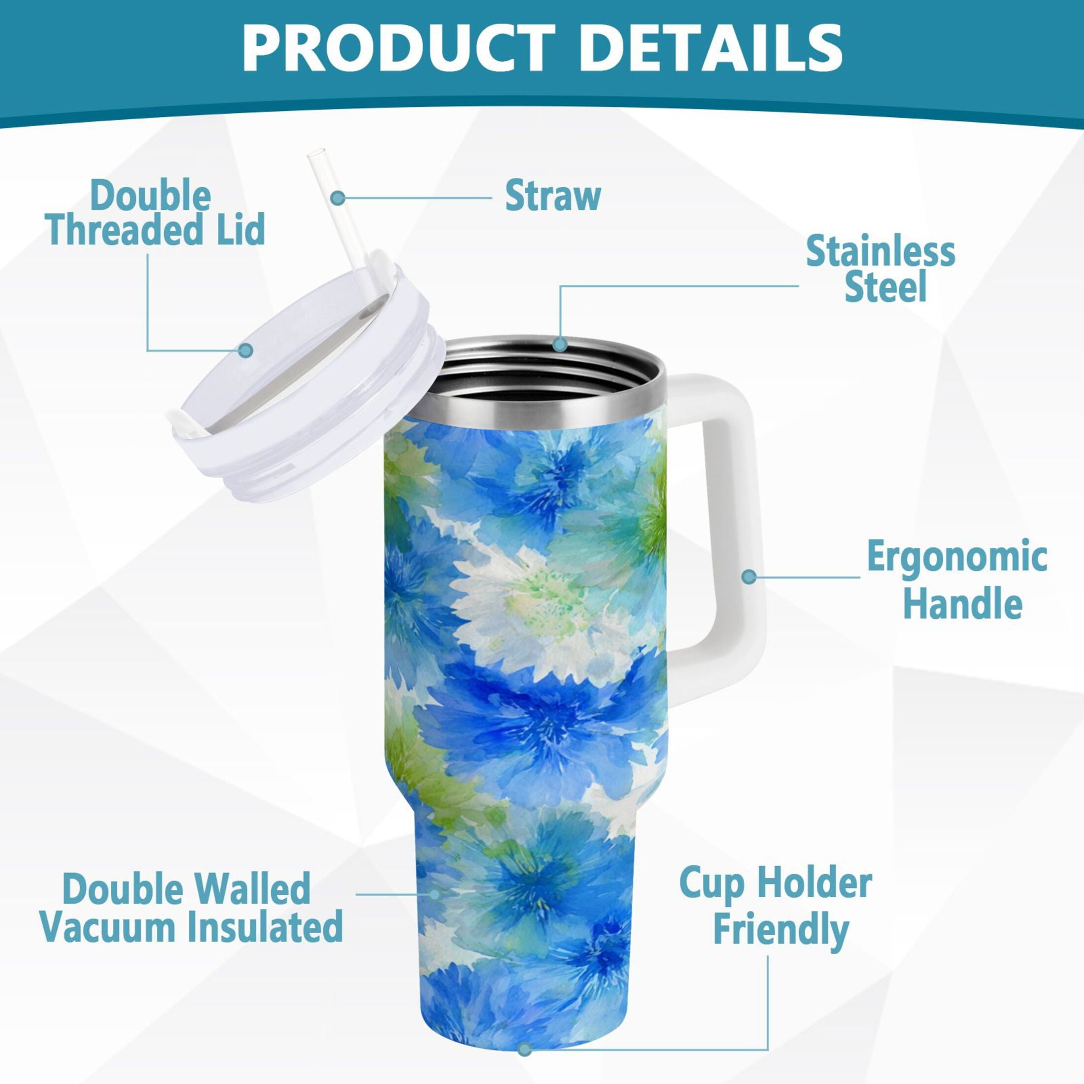 40 oz Insulated Stainless Steel Tumbler Double Wall Stainless Steel Tumbler with 2-Way Drinking Watercolor Blue Cornflowers - 475G