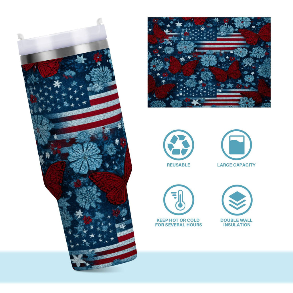 30 oz Insulated Stainless Steel Tumbler Double Wall Stainless Steel Tumbler with 2-Way Drinking Red Butterflies and Flags - TXBH