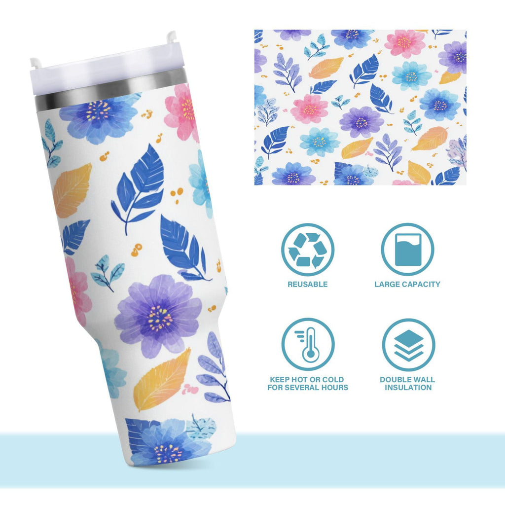 30 oz Insulated Stainless Steel Tumbler Double Wall Stainless Steel Tumbler with 2-Way Drinking Blue and Purple Flowers - 88C4