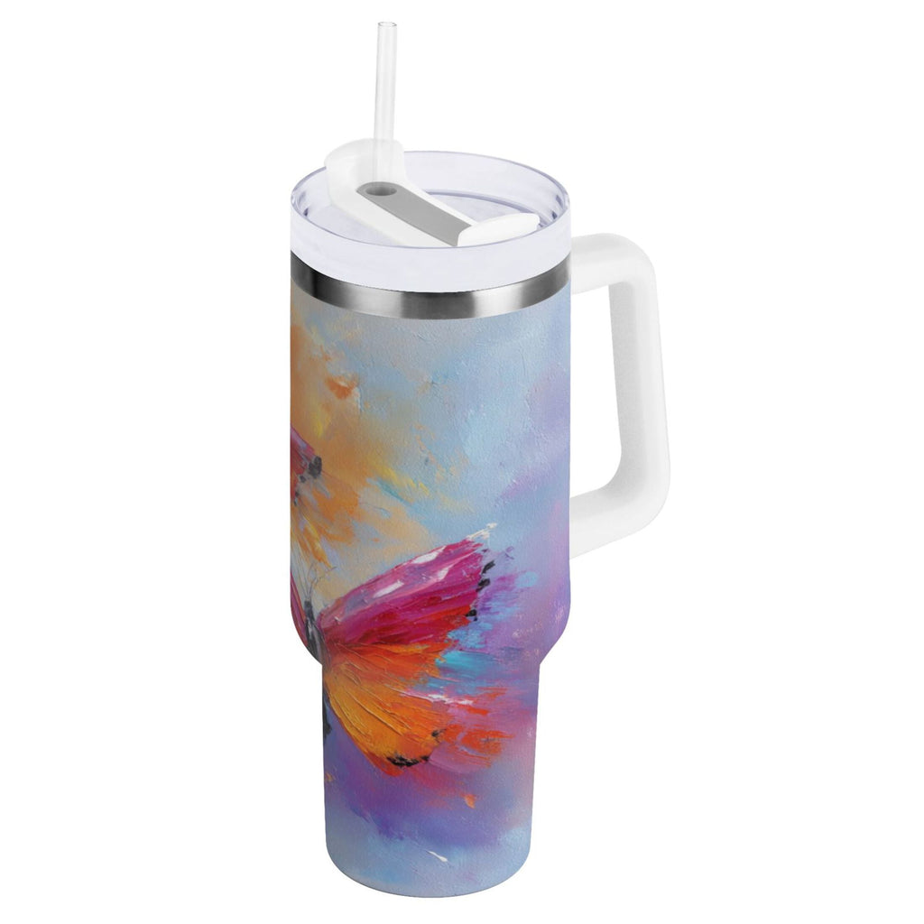 30 oz Insulated Stainless Steel Tumbler Double Wall Stainless Steel Tumbler with 2-Way Drinking Red and Orange Butterflies - QECG