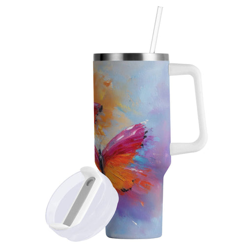 30 oz Insulated Stainless Steel Tumbler Double Wall Stainless Steel Tumbler with 2-Way Drinking Red and Orange Butterflies - QECG