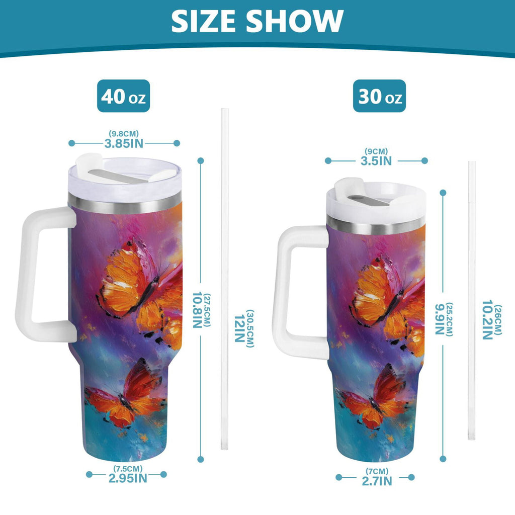 30 oz Insulated Stainless Steel Tumbler Double Wall Stainless Steel Tumbler with 2-Way Drinking Red and Orange Butterflies - QECG