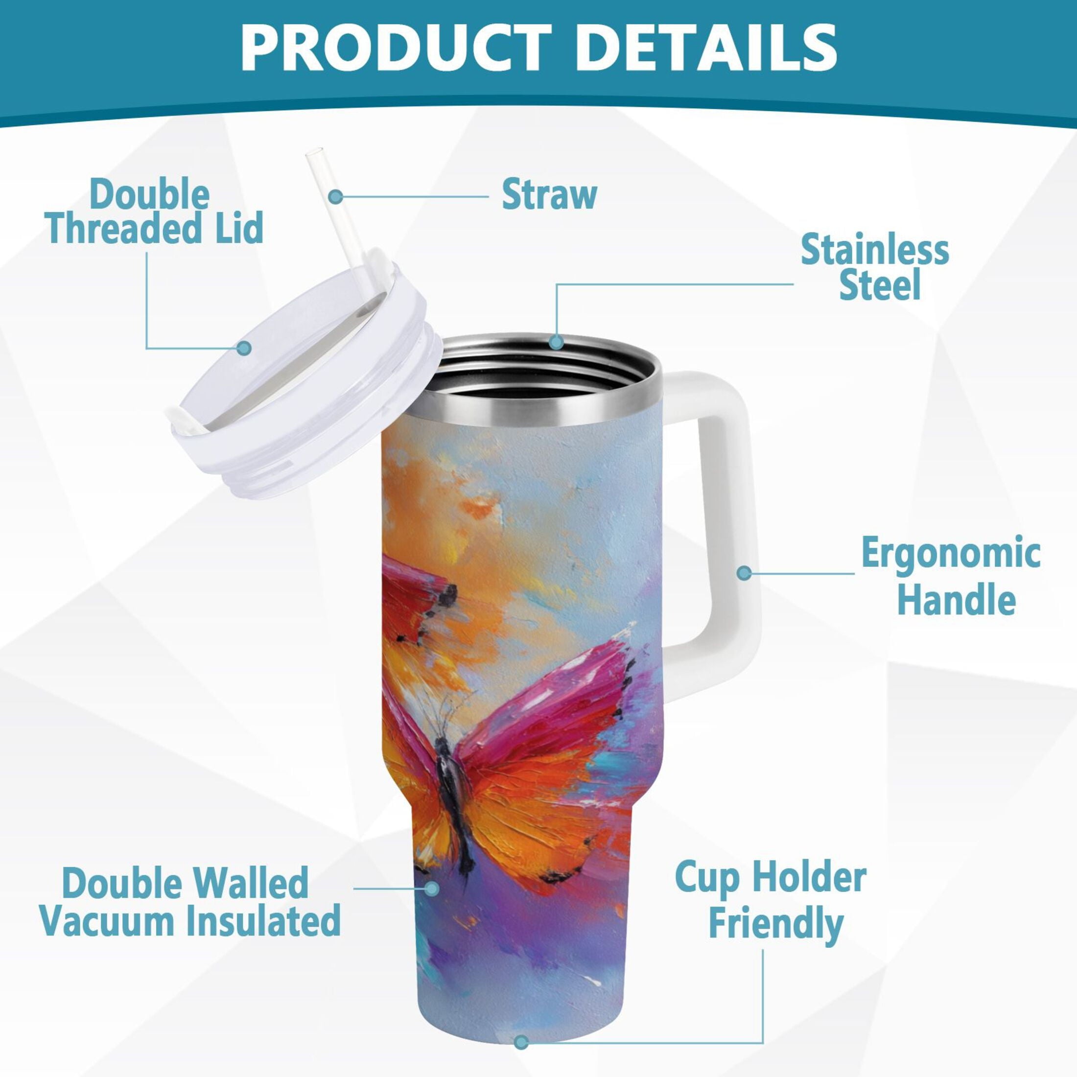 30 oz Insulated Stainless Steel Tumbler Double Wall Stainless Steel Tumbler with 2-Way Drinking Red and Orange Butterflies - QECG