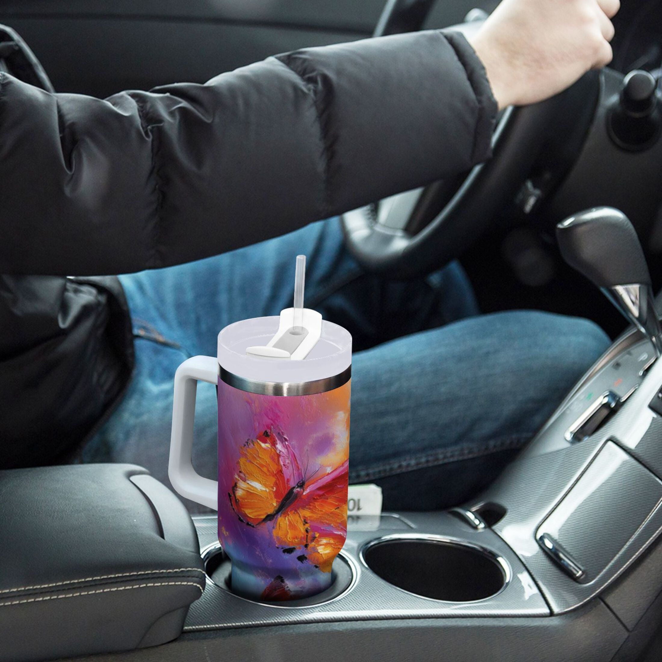 30 oz Insulated Stainless Steel Tumbler Double Wall Stainless Steel Tumbler with 2-Way Drinking Red and Orange Butterflies - QECG